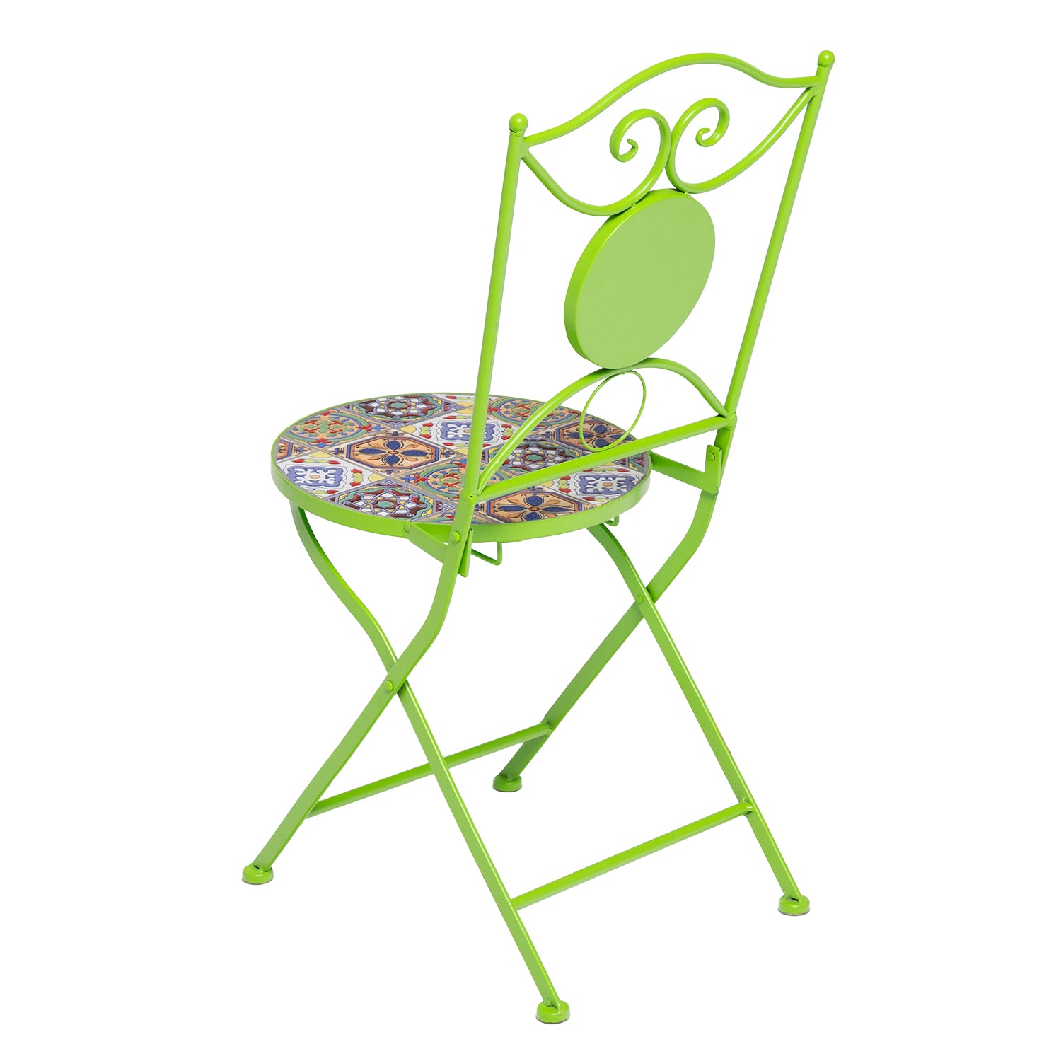 VESTIAMO CASA GIARDINO - Set giardino Bistrot Tavolo rotondo 60 cm e 2 sedie richiudibili in metallo Verde con Top in Ceramica Effetto Mosaico