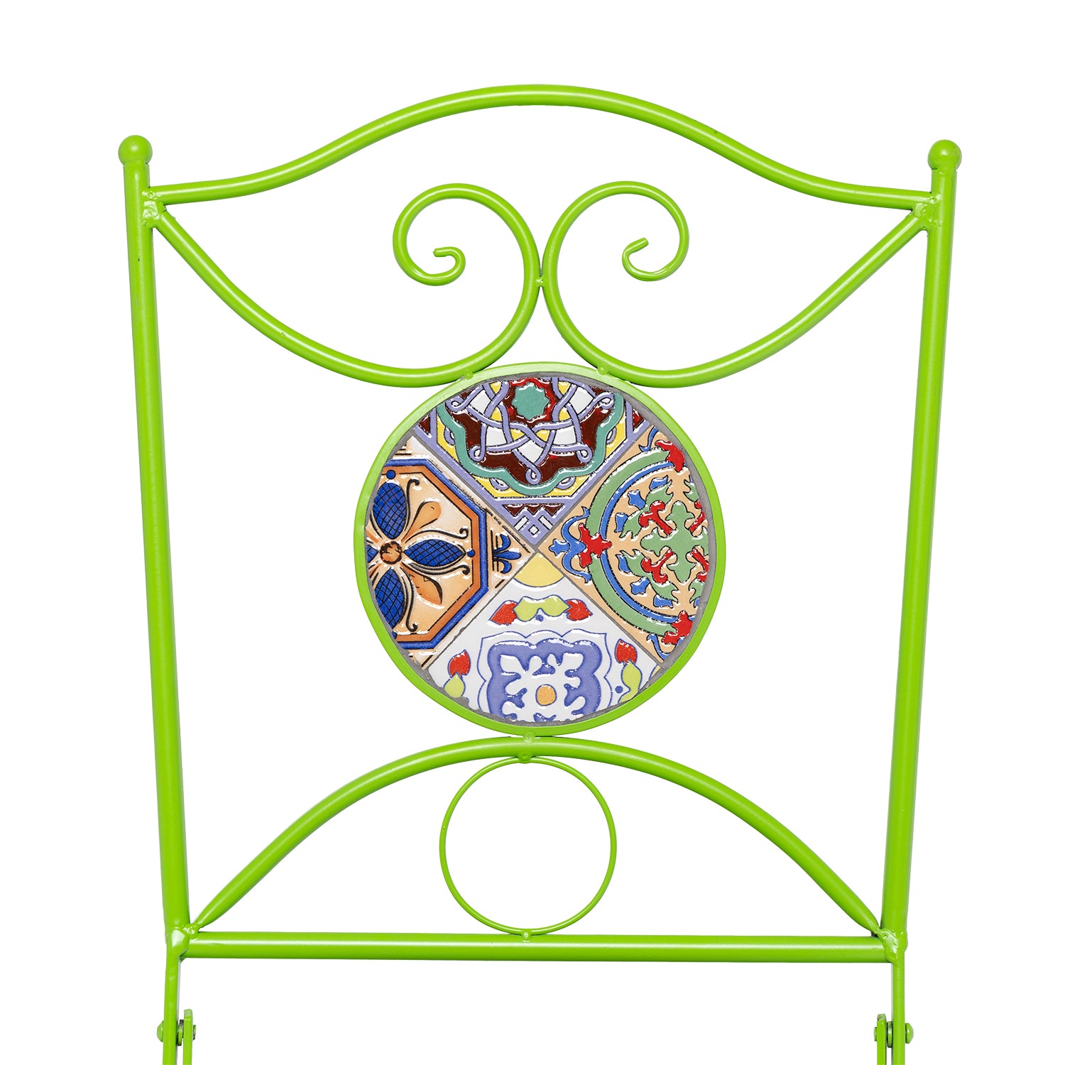 VESTIAMO CASA GIARDINO - Set giardino Bistrot Tavolo rotondo 60 cm e 2 sedie richiudibili in metallo Verde con Top in Ceramica Effetto Mosaico