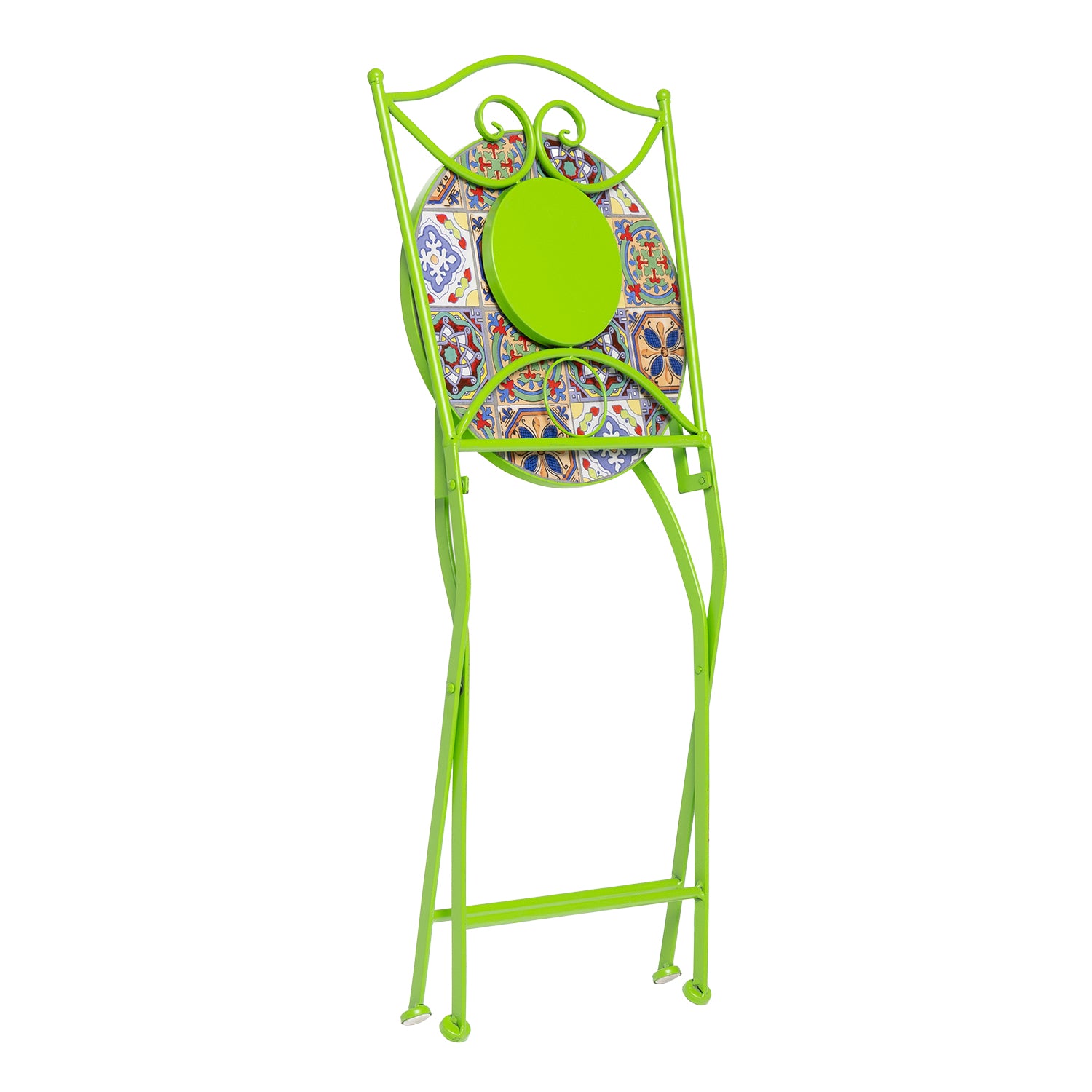 VESTIAMO CASA GIARDINO - Set giardino Bistrot Tavolo rotondo 60 cm e 2 sedie richiudibili in metallo Verde con Top in Ceramica Effetto Mosaico