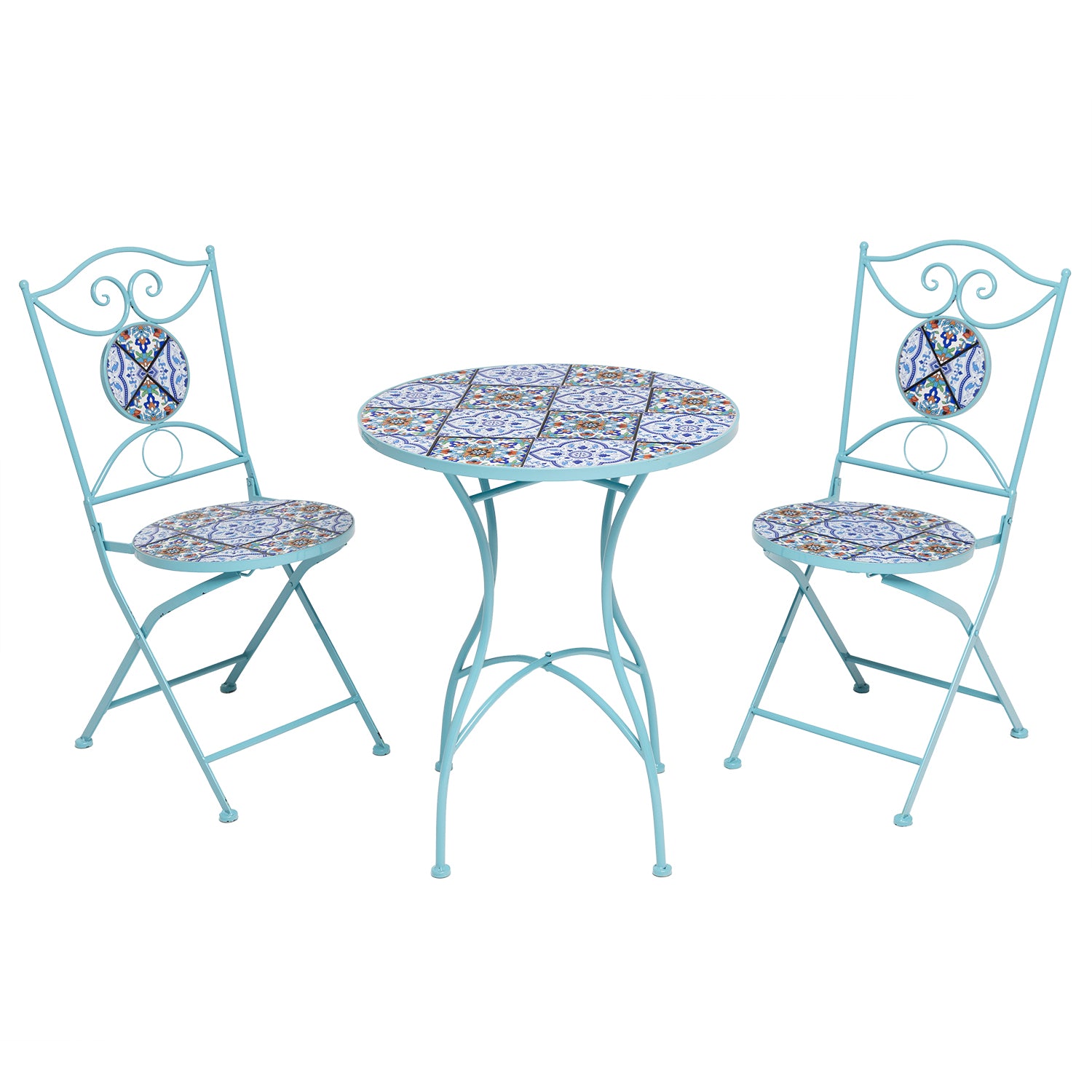 VESTIAMO CASA GIARDINO - Set giardino Bistrot Tavolo rotondo 60 cm e 2 sedie richiudibili in metallo Celeste con Top in Ceramica Effetto Mosaico