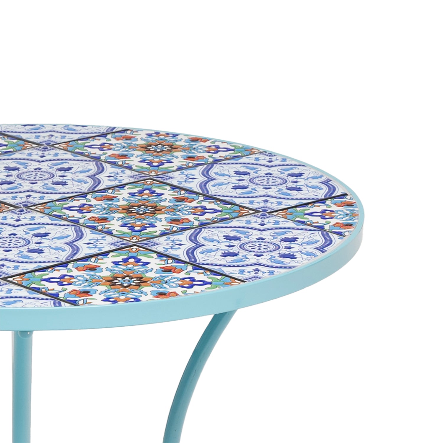 VESTIAMO CASA GIARDINO - Set giardino Bistrot Tavolo rotondo 60 cm e 2 sedie richiudibili in metallo Celeste con Top in Ceramica Effetto Mosaico