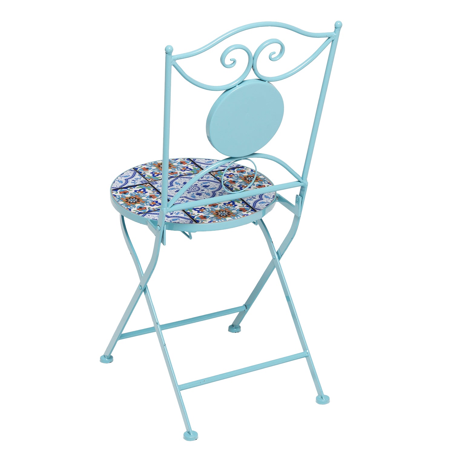 VESTIAMO CASA GIARDINO - Set giardino Bistrot Tavolo rotondo 60 cm e 2 sedie richiudibili in metallo Celeste con Top in Ceramica Effetto Mosaico