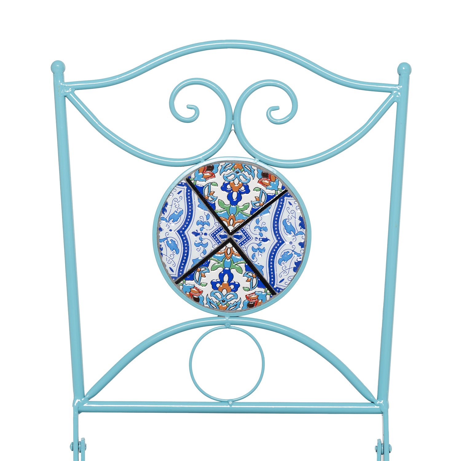 VESTIAMO CASA GIARDINO - Set giardino Bistrot Tavolo rotondo 60 cm e 2 sedie richiudibili in metallo Celeste con Top in Ceramica Effetto Mosaico