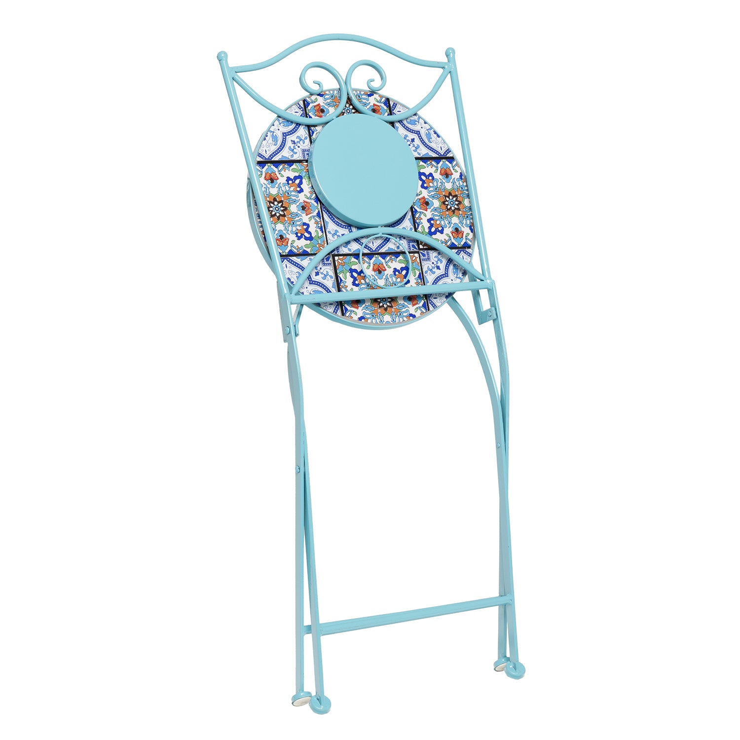 VESTIAMO CASA GIARDINO - Set giardino Bistrot Tavolo rotondo 60 cm e 2 sedie richiudibili in metallo Celeste con Top in Ceramica Effetto Mosaico