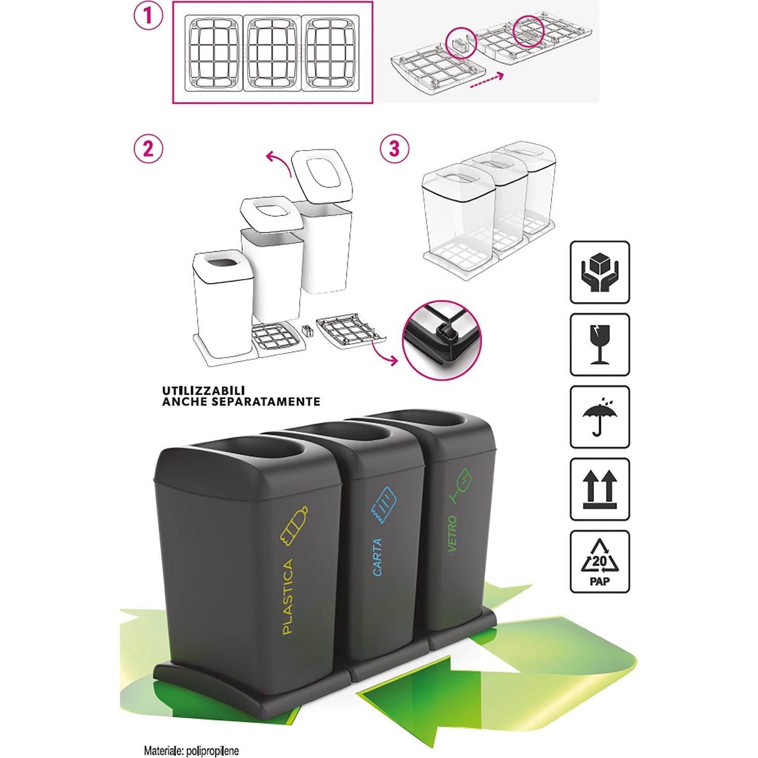 VESTIAMO CASA - Pattumiera per la raccolta differenziata Dominus 40 Litri - set 3 pezzi