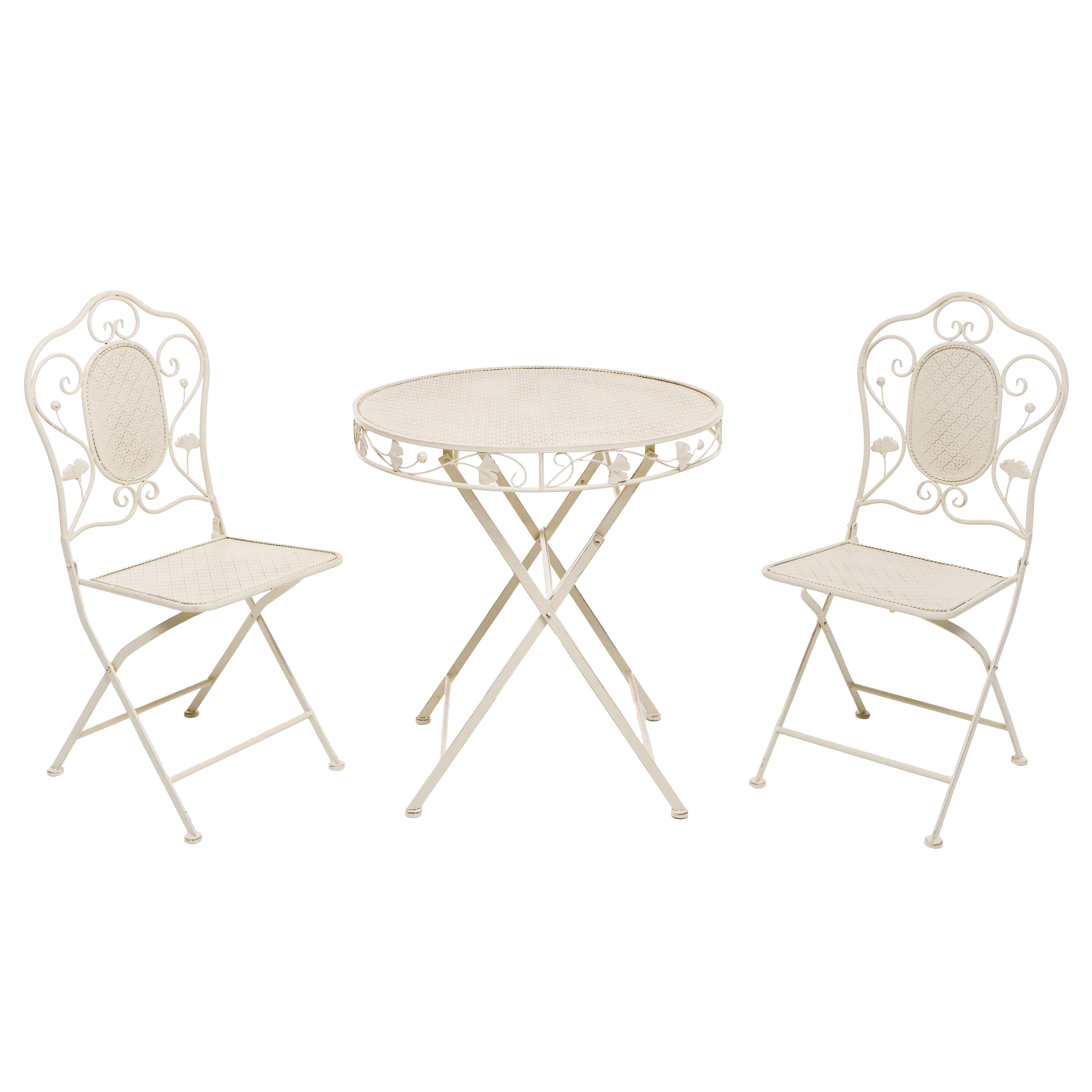 VESTIAMO CASA GIARDINO - Set giardino Bistrot Tavolo rotondo 70 cm e 2 sedie richiudibili in metallo Crema Design Liberty