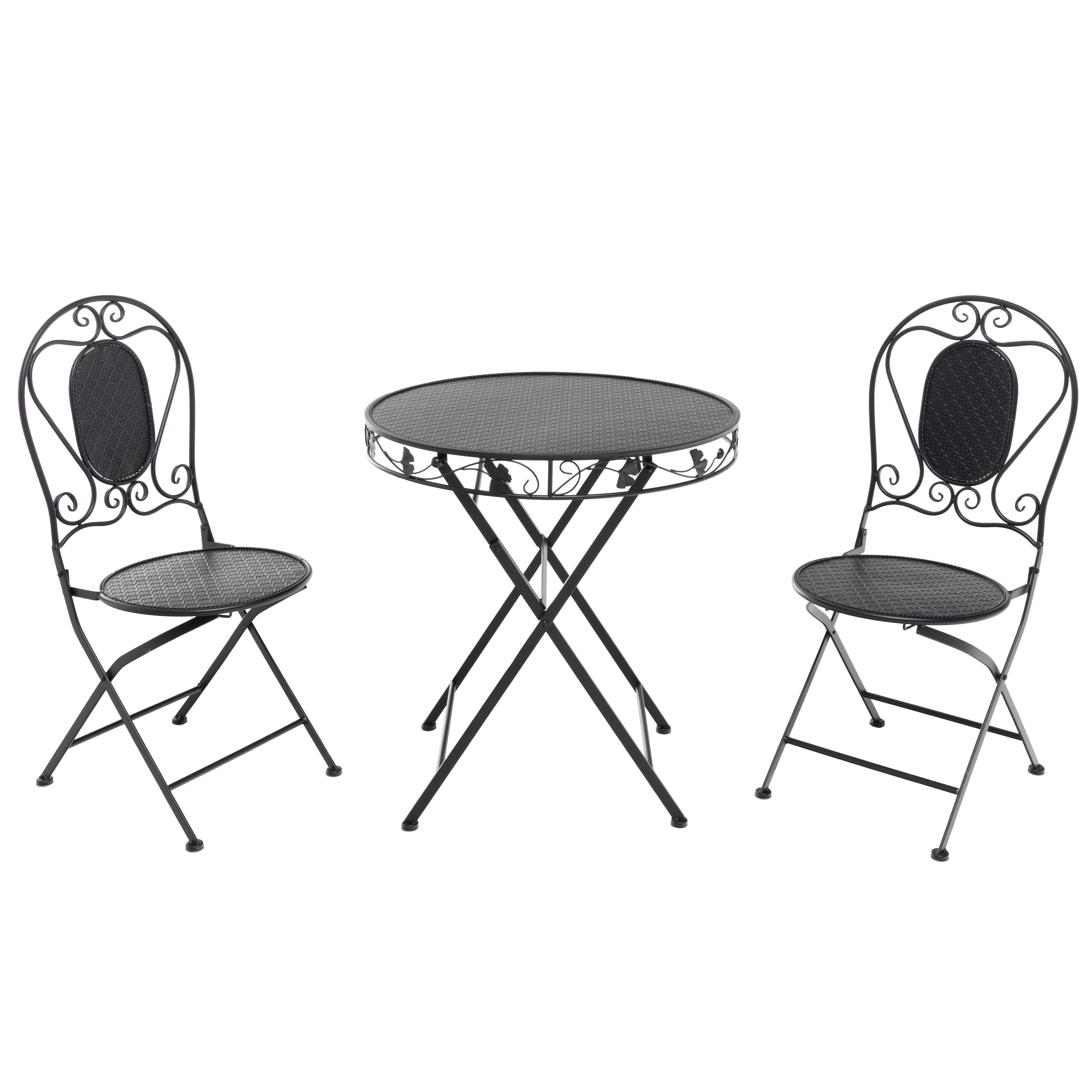 VESTIAMO CASA GIARDINO - Set giardino Bistrot Tavolo rotondo 70 cm e 2 sedie richiudibili in metallo Nero Design Liberty