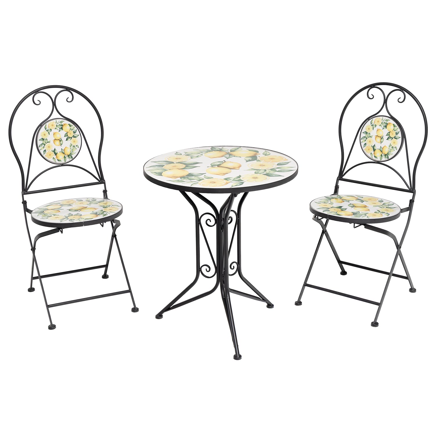 VESTIAMO CASA GIARDINO - Set giardino Bistrot tavolo rotondo 60 cm e 2 sedie in metallo Nero e Top in ceramica Effetto Mosaico Lemons