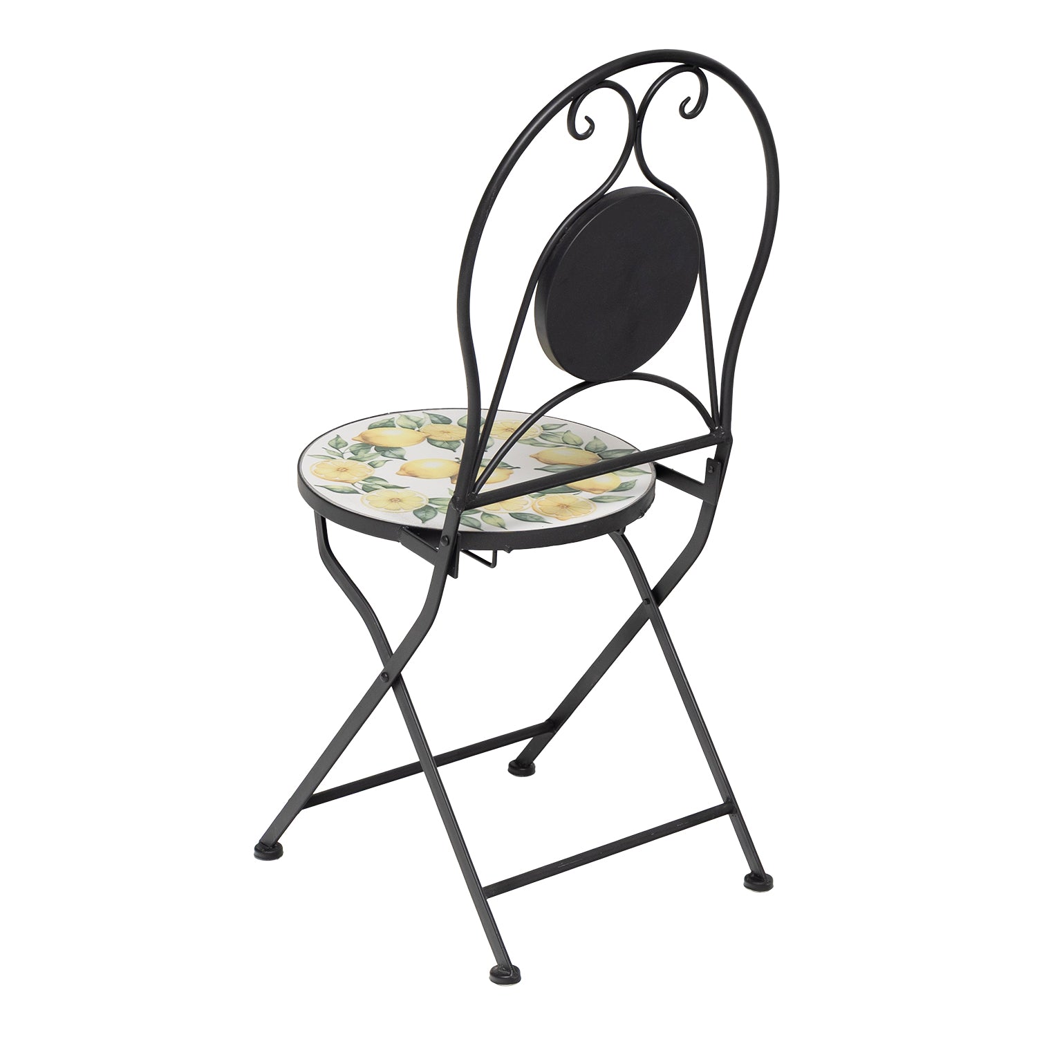 VESTIAMO CASA GIARDINO - Set giardino Bistrot tavolo rotondo 60 cm e 2 sedie in metallo Nero e Top in ceramica Effetto Mosaico Lemons