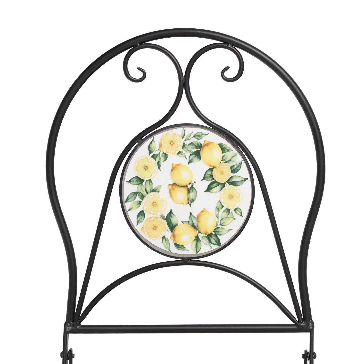 VESTIAMO CASA GIARDINO - Set giardino Bistrot tavolo rotondo 60 cm e 2 sedie in metallo Nero e Top in ceramica Effetto Mosaico Lemons