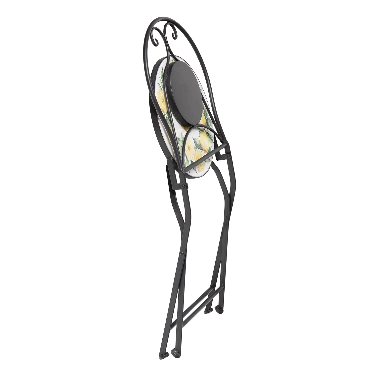 VESTIAMO CASA GIARDINO - Set giardino Bistrot tavolo rotondo 60 cm e 2 sedie in metallo Nero e Top in ceramica Effetto Mosaico Lemons