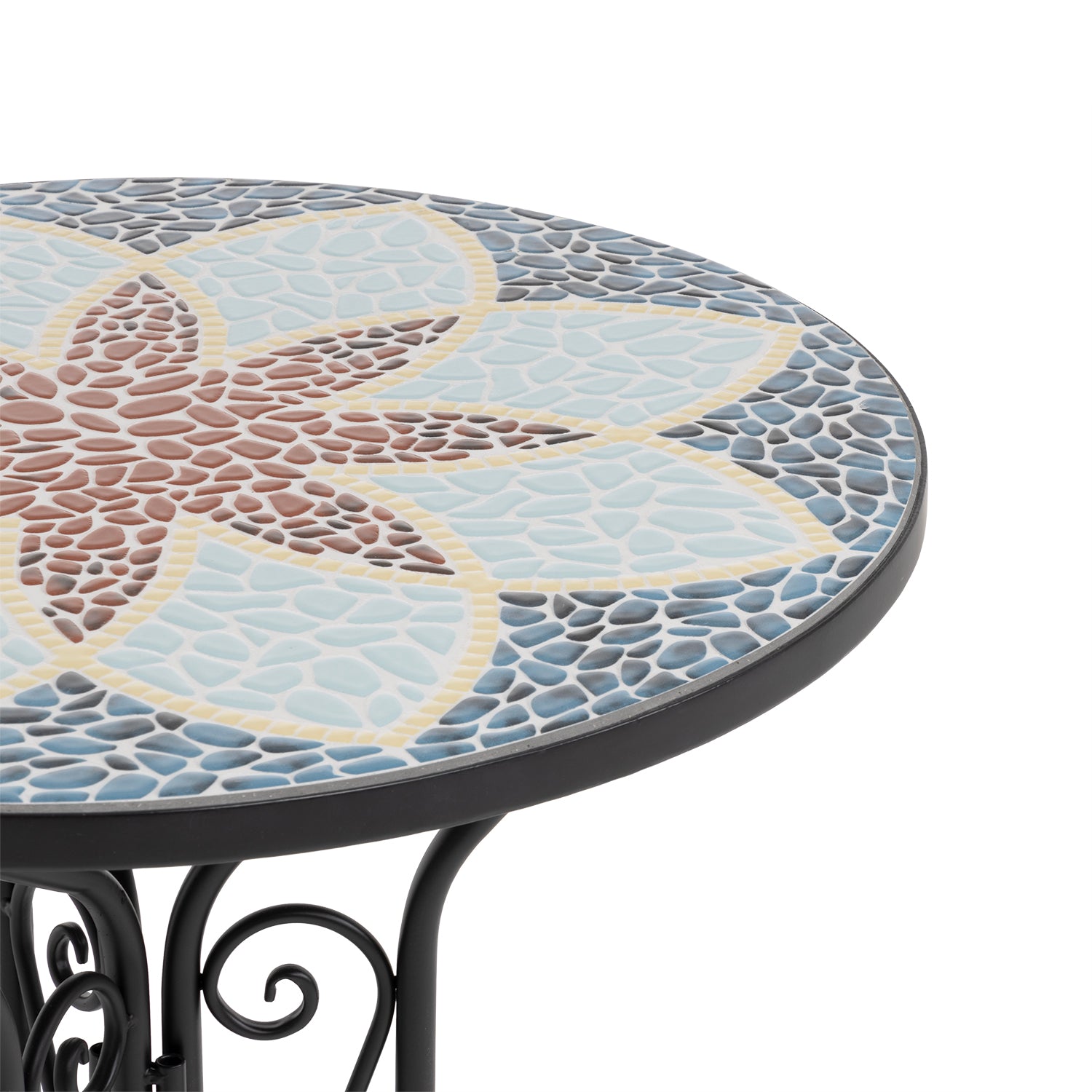 VESTIAMO CASA GIARDINO - Set giardino Bistrot tavolo rotondo 60 cm e 2 sedie in metallo Nero e Top in ceramica Effetto Mosaico
