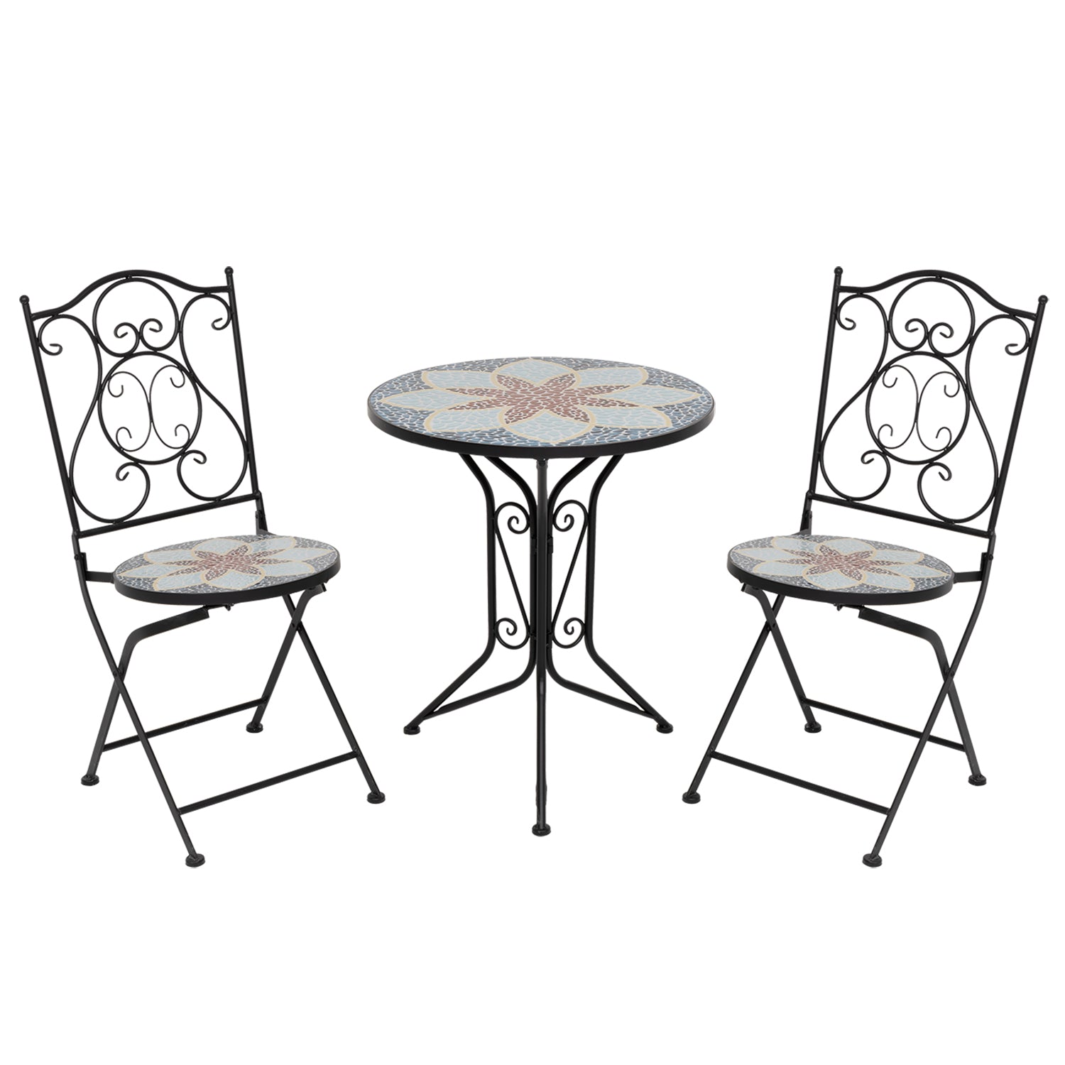 VESTIAMO CASA GIARDINO - Set giardino Bistrot tavolo rotondo 60 cm e 2 sedie in metallo Nero e Top in ceramica Effetto Mosaico