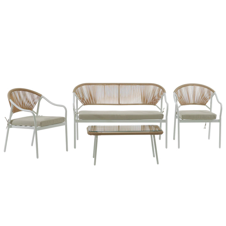 VESTIAMO CASA GIARDINO - Set da giardino 4 pezzi in metallo e rattan in PE con cuscini Beige - Formato da Panchina a 2 posti, 2 poltrone e tavolino da salotto