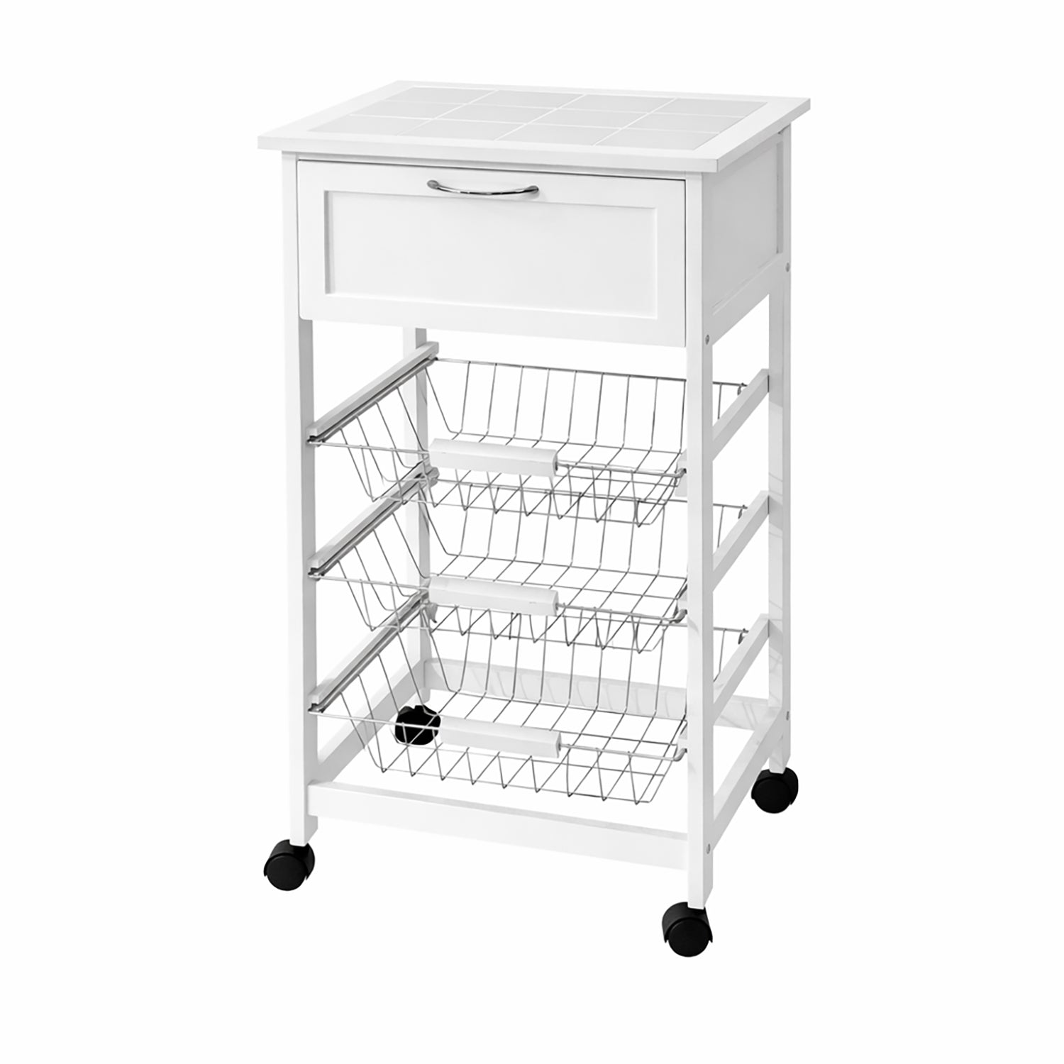 VESTIAMO CASA - Carrello da Cucina Bianco con Cassetto e 3 Cestelli Estraibili - h85x47x37 cm
