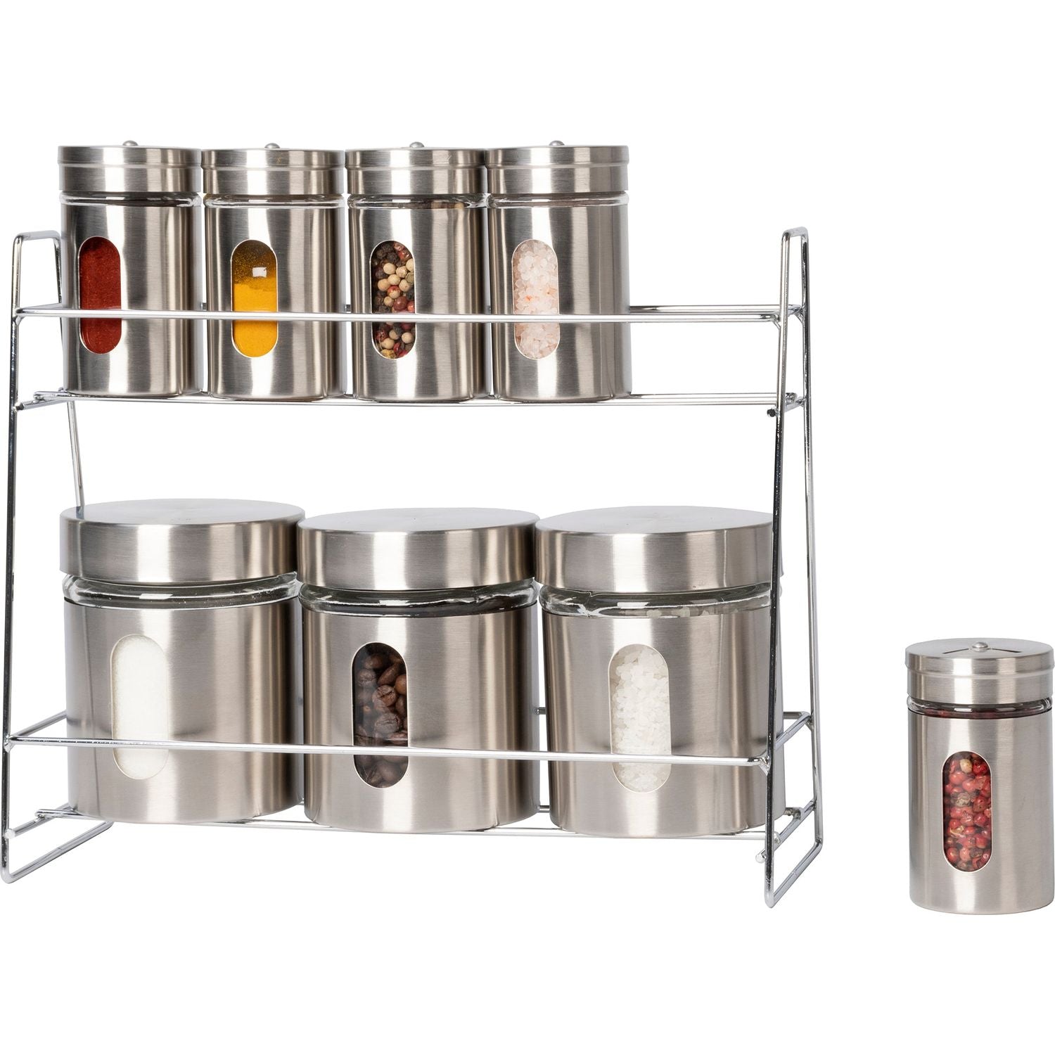 GUSTO CASA - Set 8 pezzi Barattoli e portaspezie in vetro e acciaio inox con stand