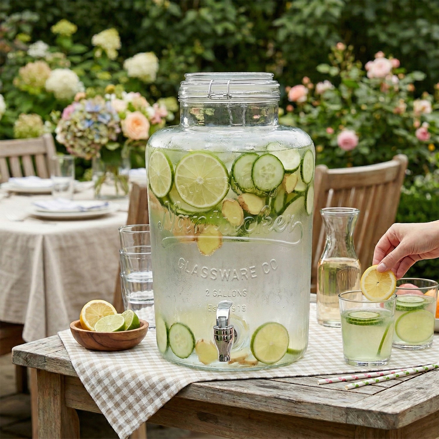 Dispenser per bevande da 7,6 l con supporto, dispenser in vetro con rubinetto in acciaio inox massiccio per succhi ghiacciati, acqua, bevande fatte in casa, feste, matrimoni