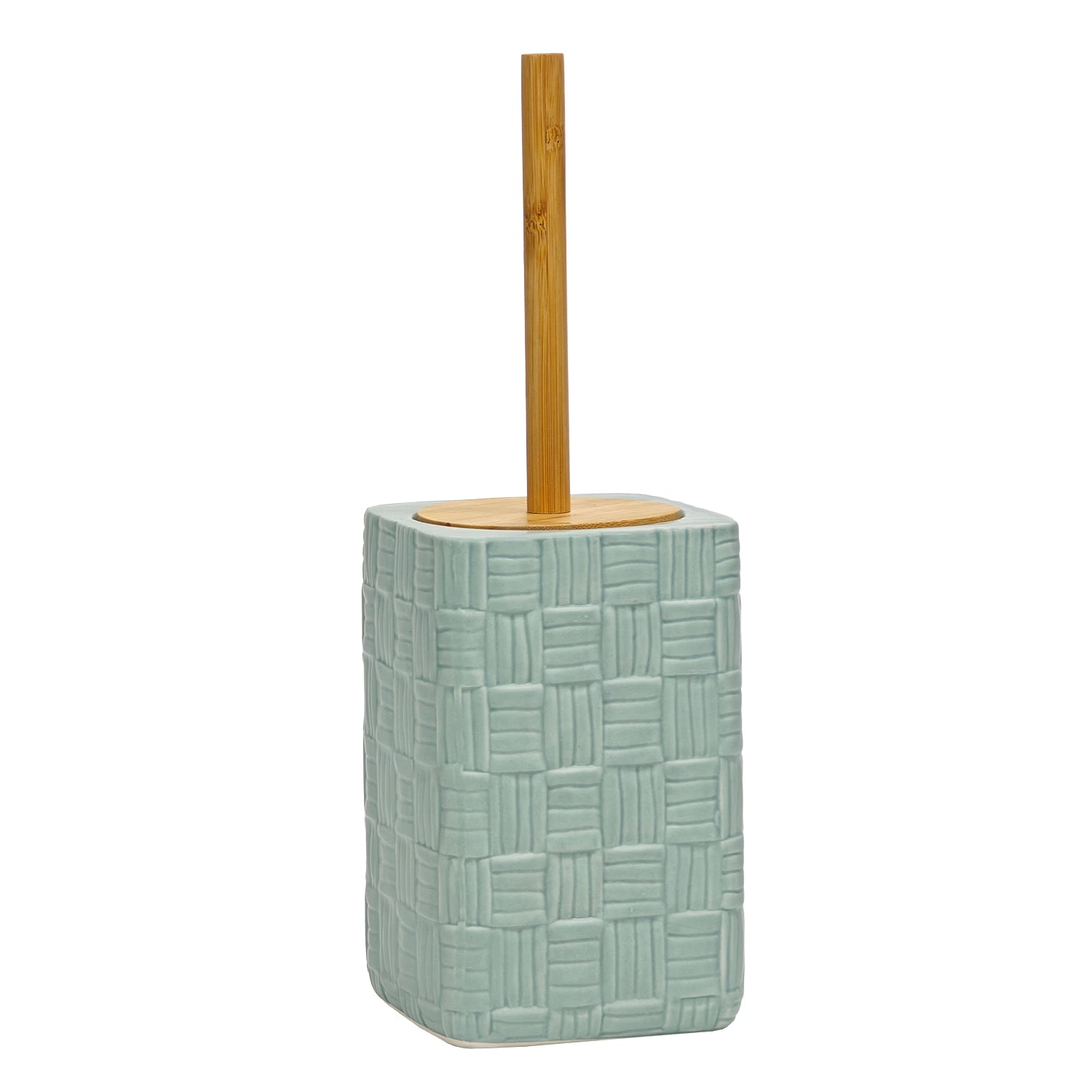 VESTIAMO CASA - Portascopino con Scopino in Ceramica Celeste Finitura a rilievo effetto intreccio