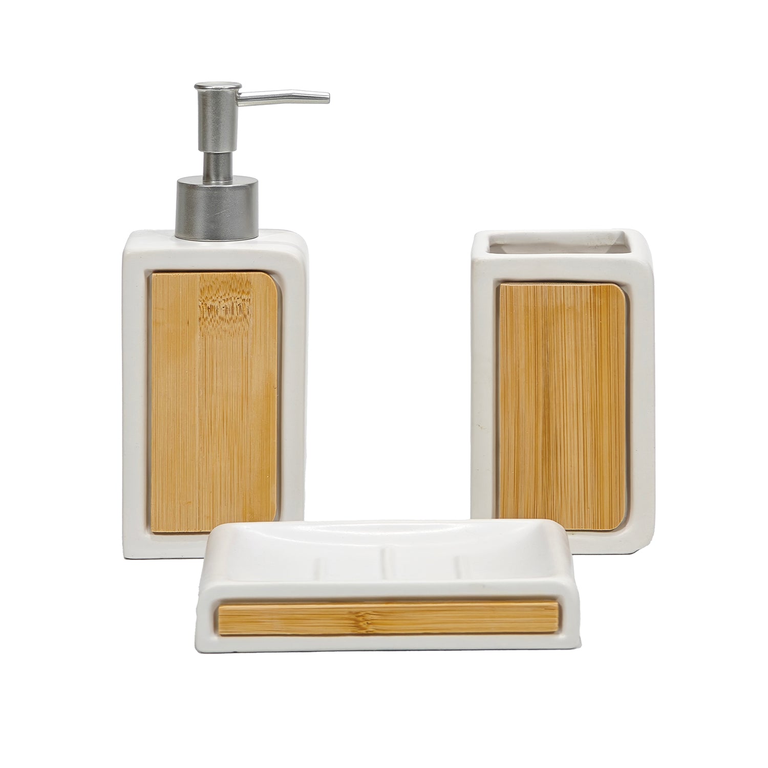 VESTIAMO CASA - Set Bagno 3 pezzi in Ceramica Bianca e Bamboo