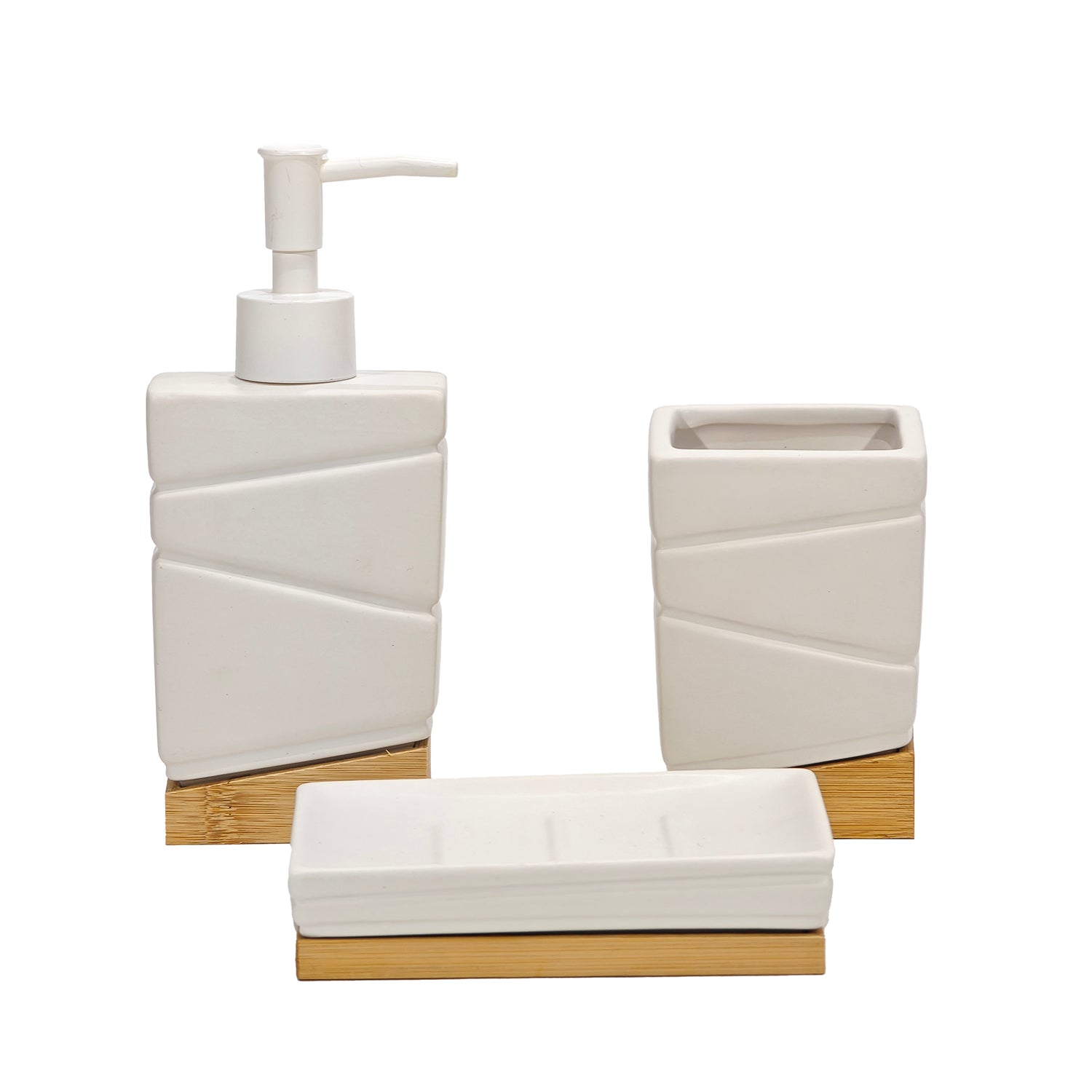 VESTIAMO CASA - Set Bagno 3 pezzi in Ceramica Bianca e Bamboo Design Geometrico