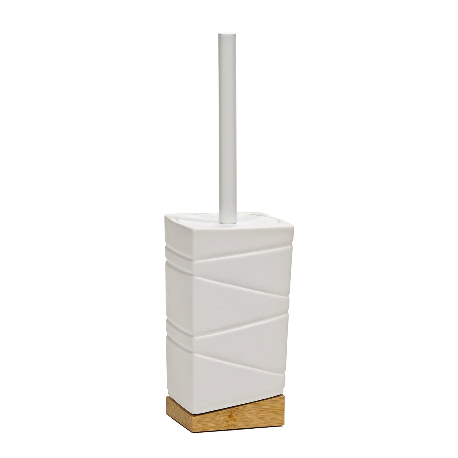 VESTIAMO CASA - Portascopino con Scopino in Ceramica Bianca e Bamboo Design Geometrico - h32x11x11 cm