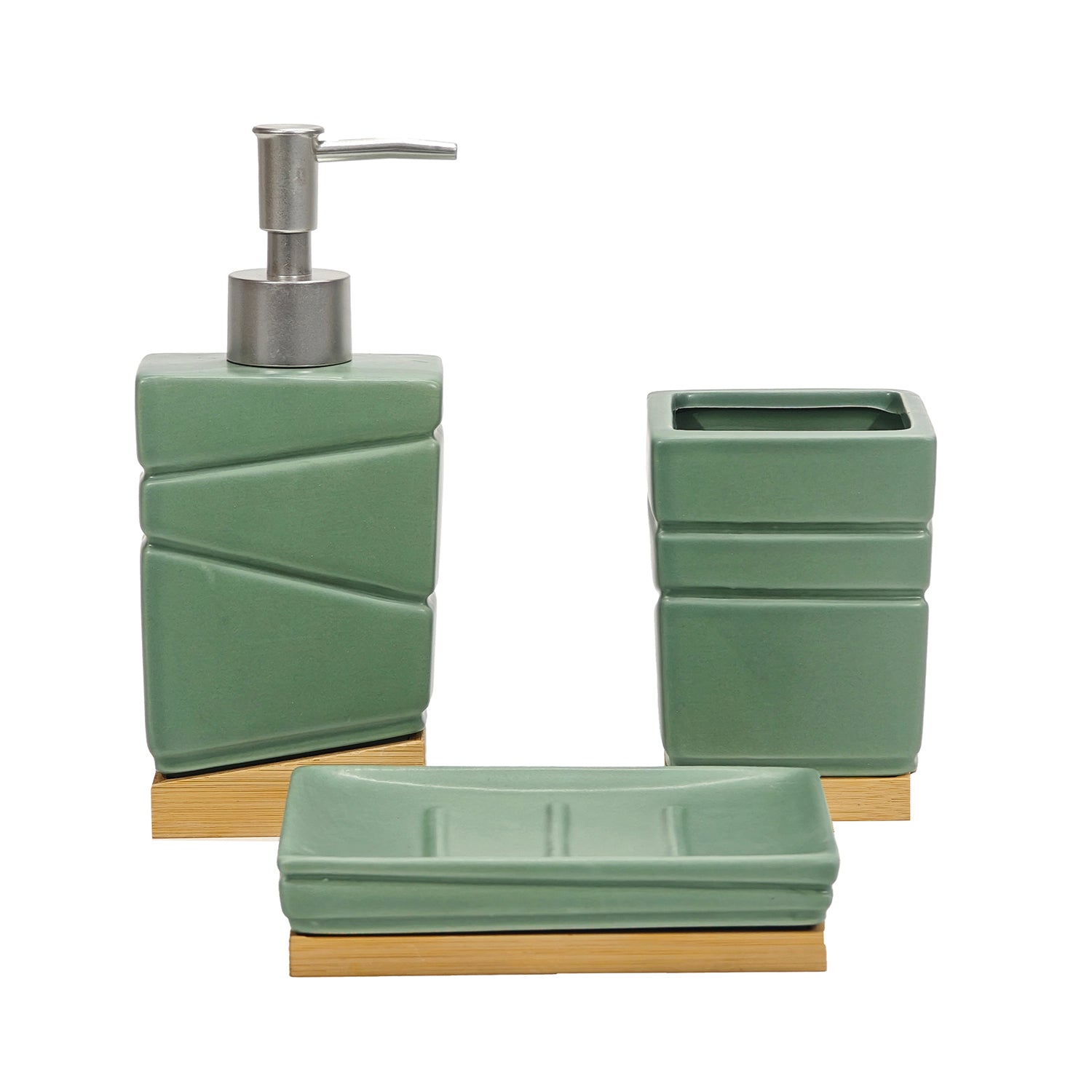 VESTIAMO CASA - Set Bagno 3 pezzi in Ceramica Verde e Bamboo Design Geometrico