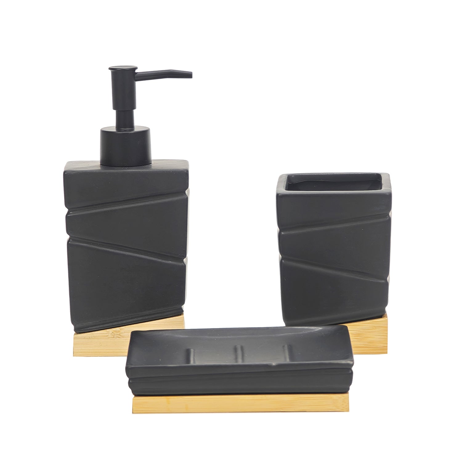 VESTIAMO CASA - Set Bagno 3 pezzi in Ceramica Nera e Bamboo Design Geometrico