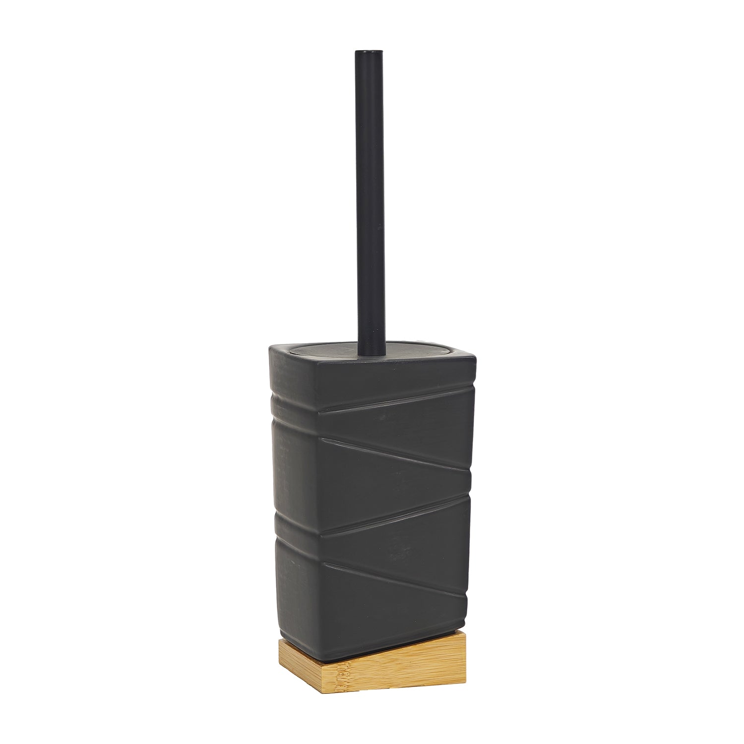 VESTIAMO CASA - Portascopino con Scopino in Ceramica Nera e Bamboo Design Geometrico - h32x11x11 cm