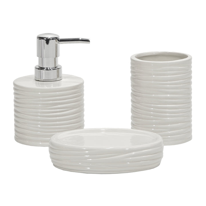 VESTIAMO CASA - Set Bagno 3 pezzi in Ceramica Bianca Finitura a rilievo Effetto Ondulato