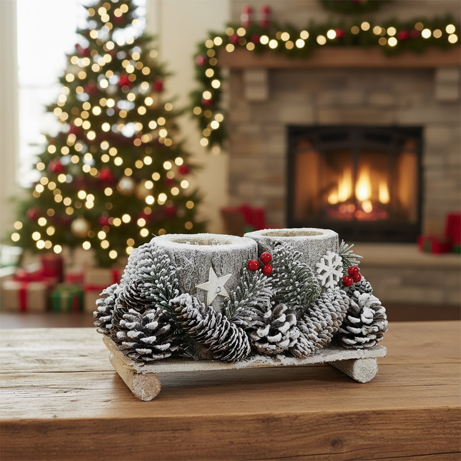 VESTIAMO CASA GRAN NATALE - Portacandele Natalizio 2 Posti con Pigne Innevate 24x12 cm