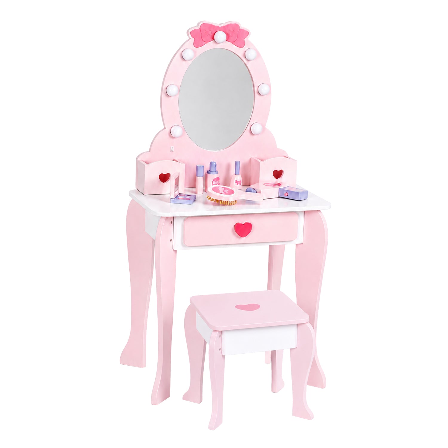 TU GIOCHI - Toeletta Sweet Mirror in Legno con Specchio Luminoso, Sgabello e 6 Accessori 3+ Anni - h91x52x35,5 cm