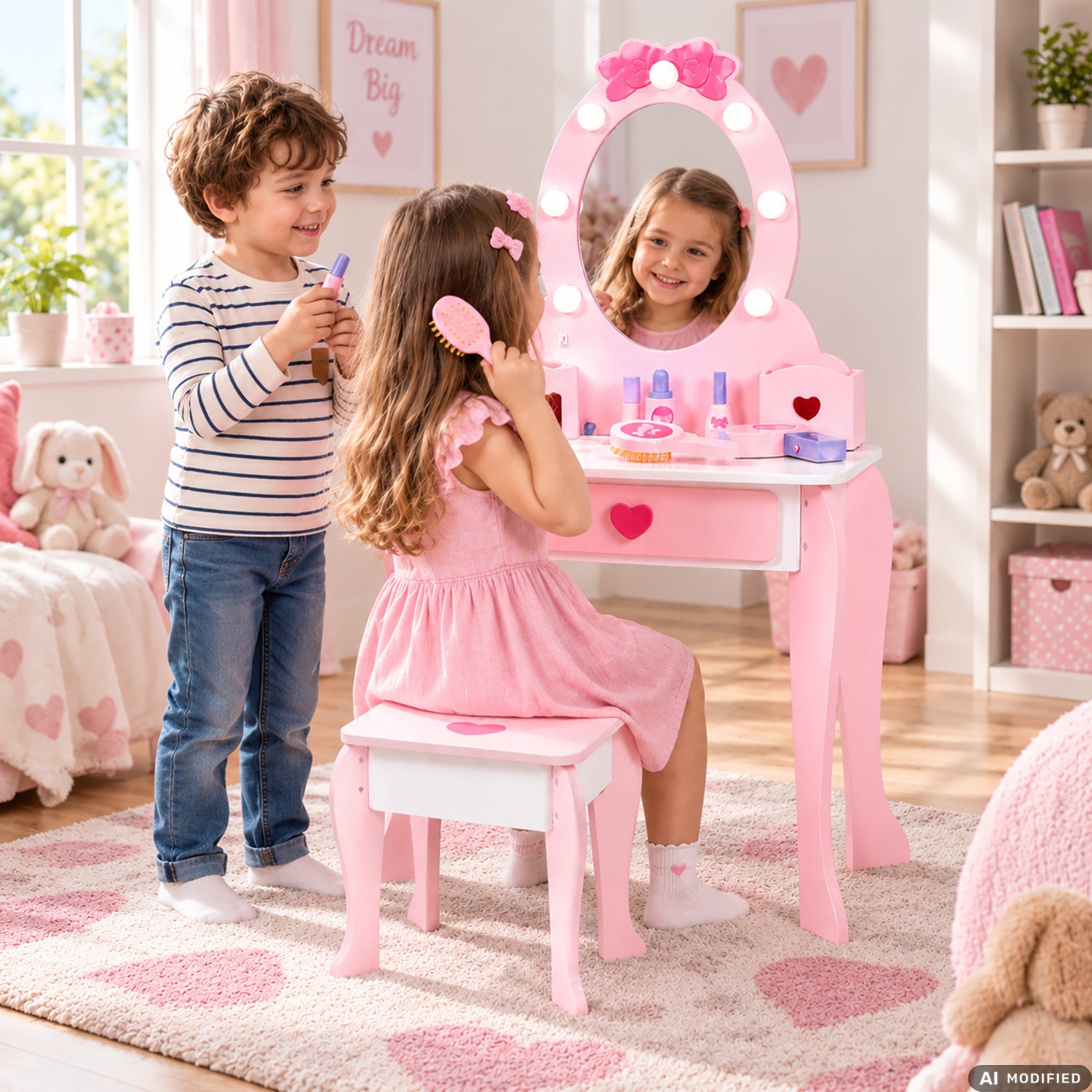 TU GIOCHI - Toeletta Sweet Mirror in Legno con Specchio Luminoso, Sgabello e 6 Accessori 3+ Anni - h91x52x35,5 cm