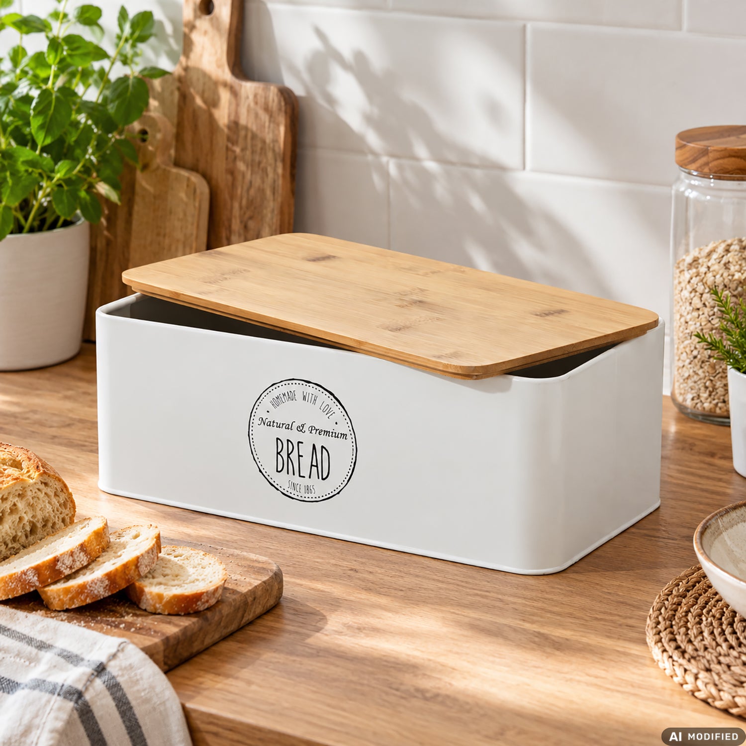 GUSTO CASA - Portapane con Coperchio in Bambù e Contenitore in Metallo Crema - h12x33x18 cm
