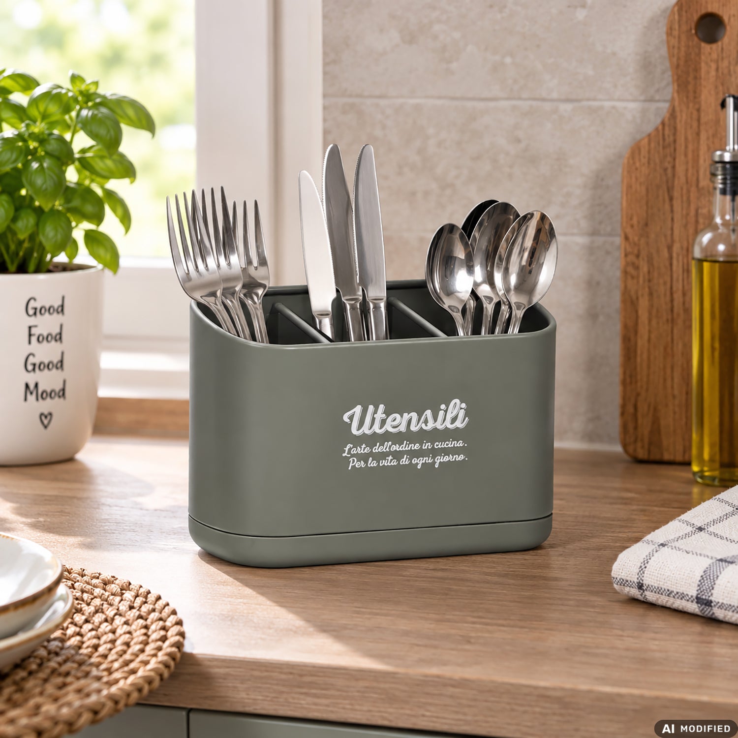 GUSTO CASA - Portaposate da Cucina 3 Scomparti in Metallo e Polipropilene h13x19x19 cm