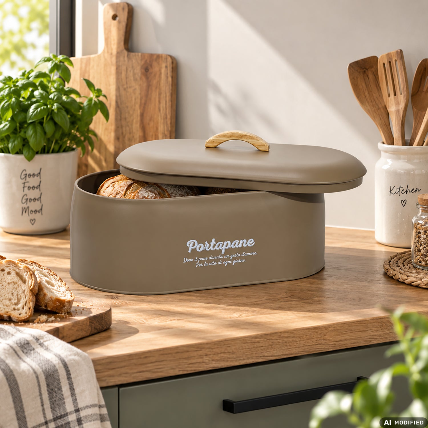 GUSTO CASA - Portapane in Metallo con Coperchio e Manico in Legno h16,5x35,5x19,5 cm