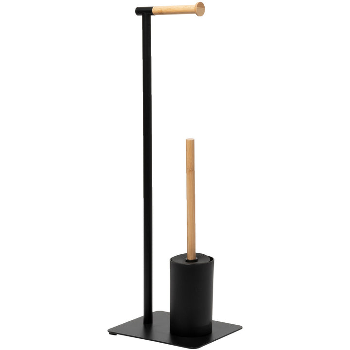 VESTIAMO CASA - Piantana portascopino e portarotolo in acciaio inox Nero con elementi in bamboo - h67x23x18 cm