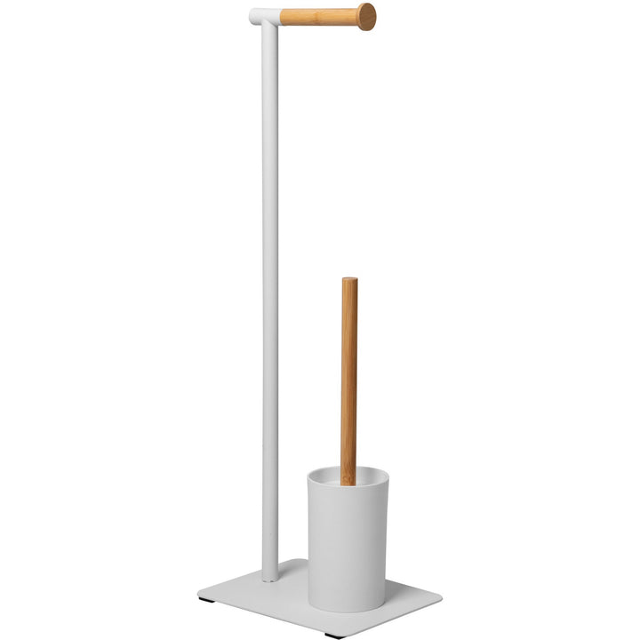 VESTIAMO CASA - Piantana portascopino e portarotolo in acciaio inox Bianco con elementi in bamboo - h67x23x18 cm