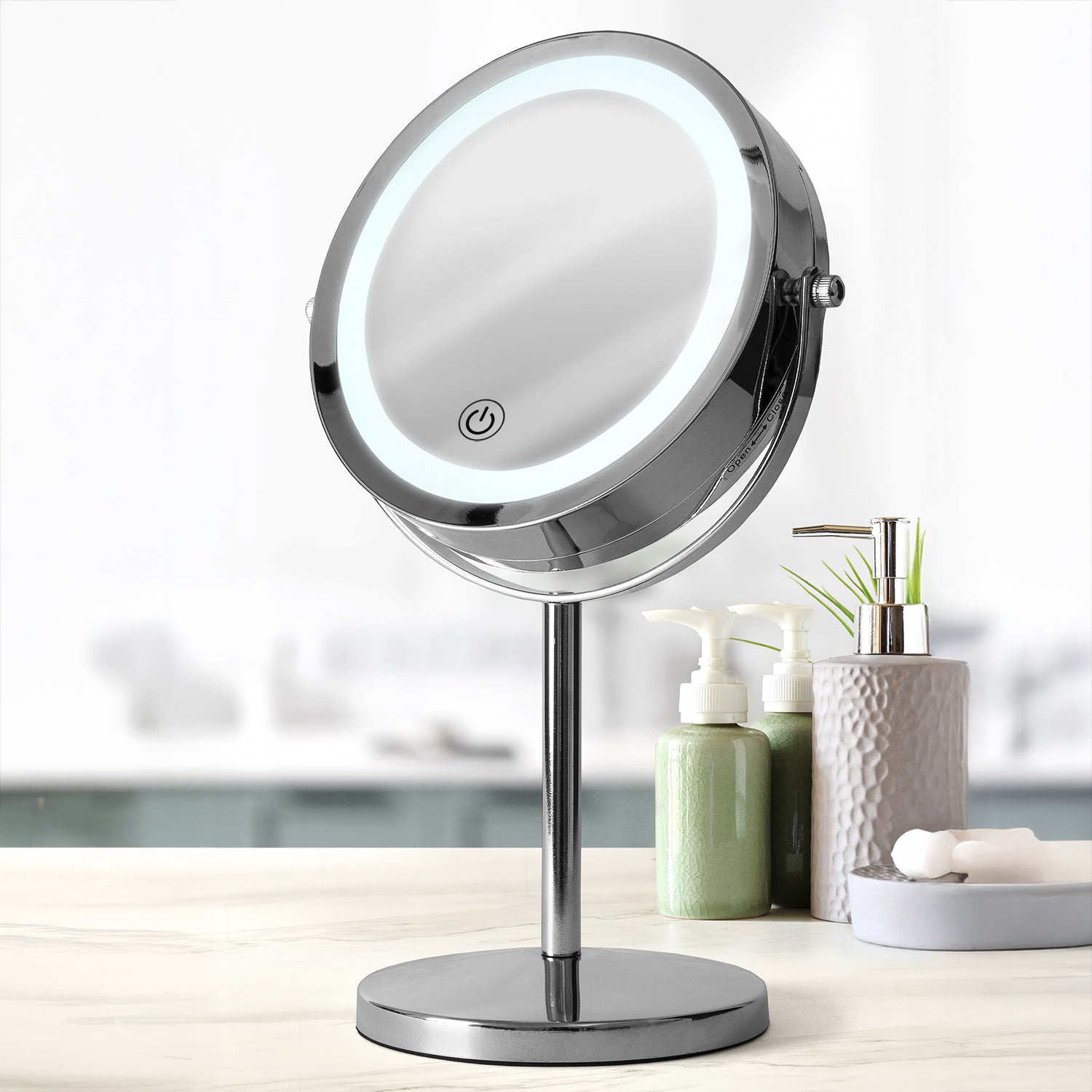 DICTROLUX - Specchio Luminoso LED Touch da Tavolo 3x in Metallo e Vetro - h32 cm diametro 18 cm