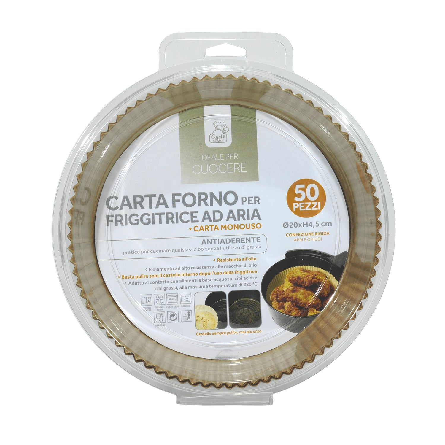 GUSTO CASA - Carta Forno Per Friggitrice ad Aria 50 pezzi - h4,5 cm diametro 20 cm