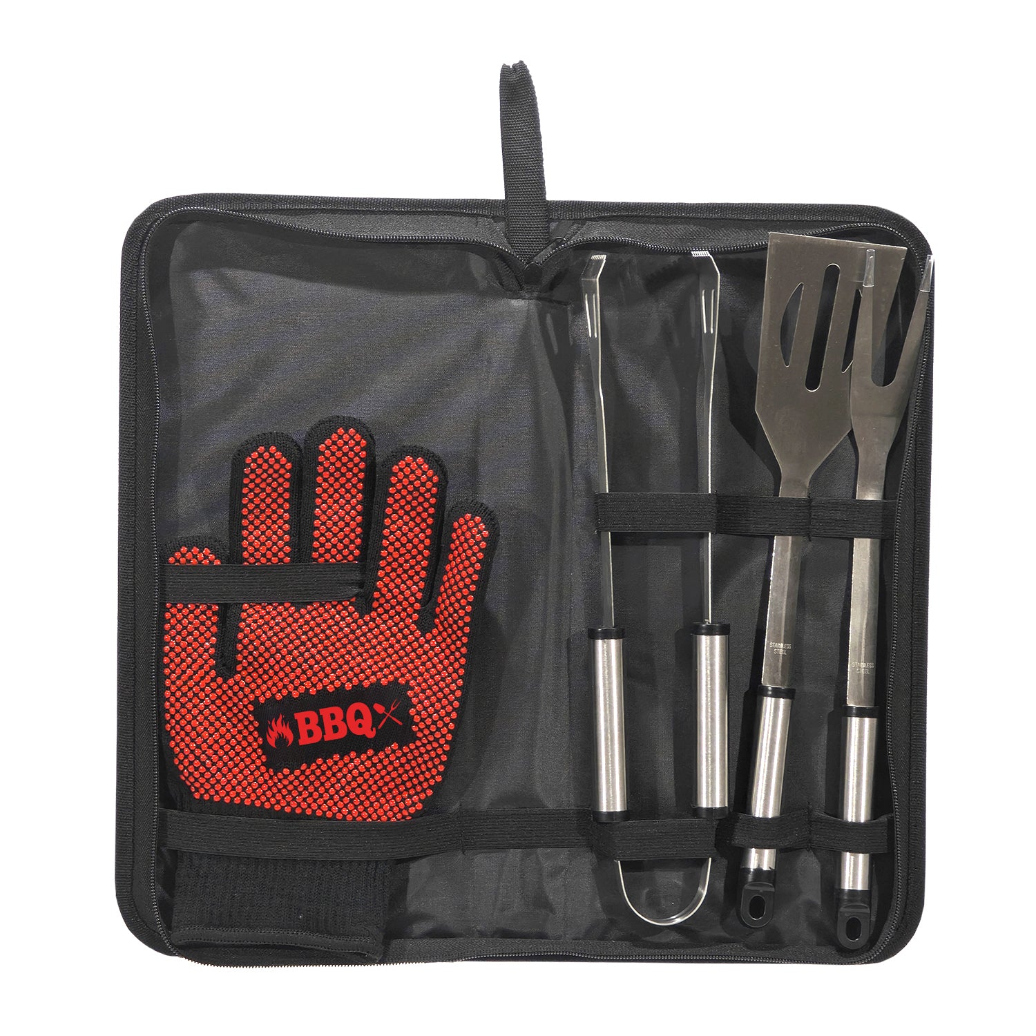 GUSTO CASA - Valigetta Set Barbecue 4 Pezzi in Acciaio Inox con Guanto Termico