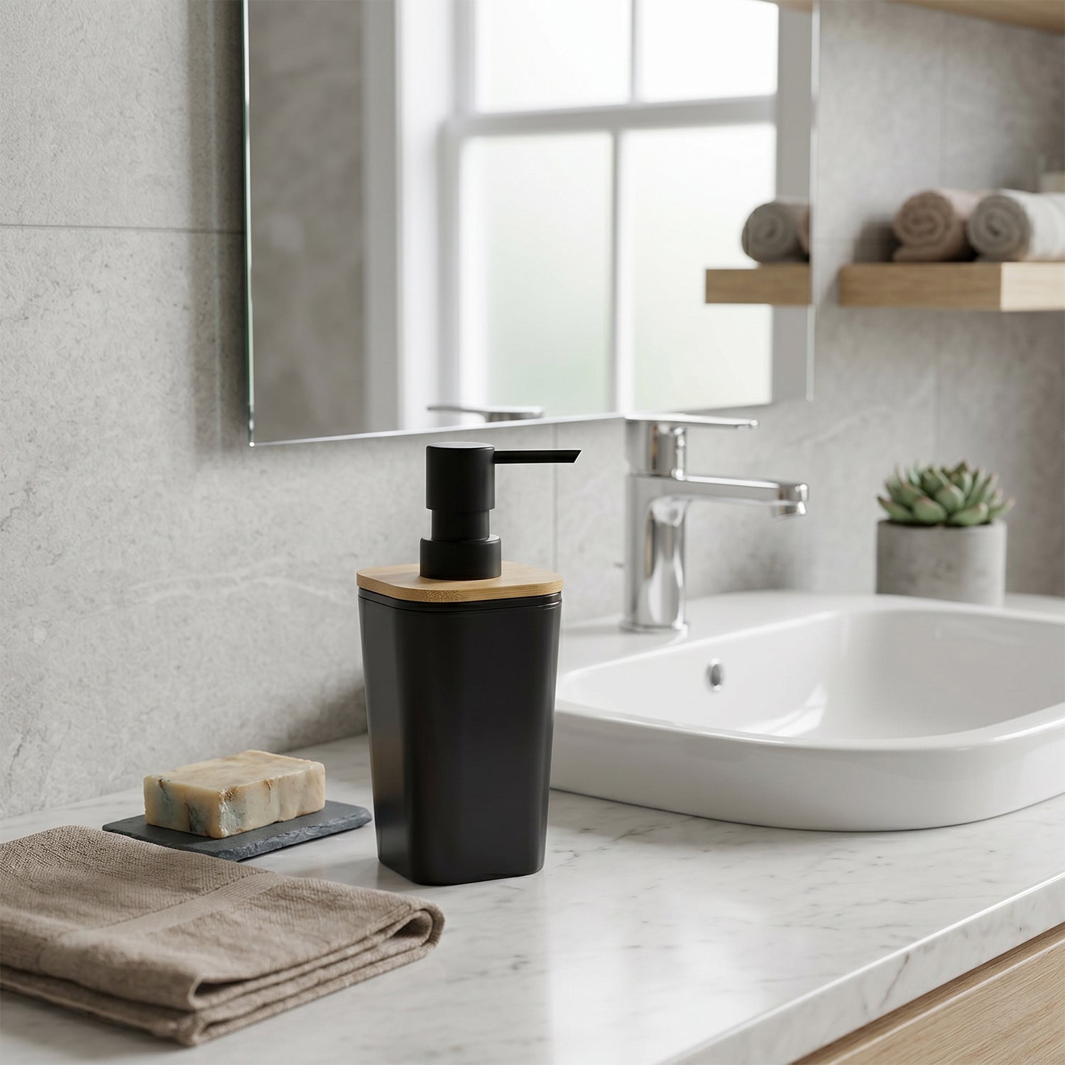 VESTIAMO CASA - Dispenser Sapone in Polistirene Nero e Bamboo 350 ml - h17,5x7,3x7,3 cm