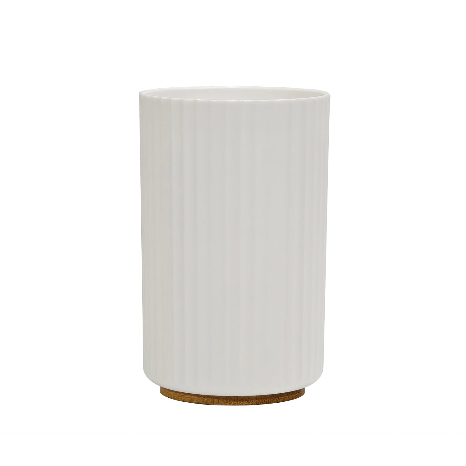 VESTIAMO CASA - Bicchiere Porta Spazzolini in Polipropilene Bianco Rigato e Bamboo - h11,5 cm diametro 7 cm