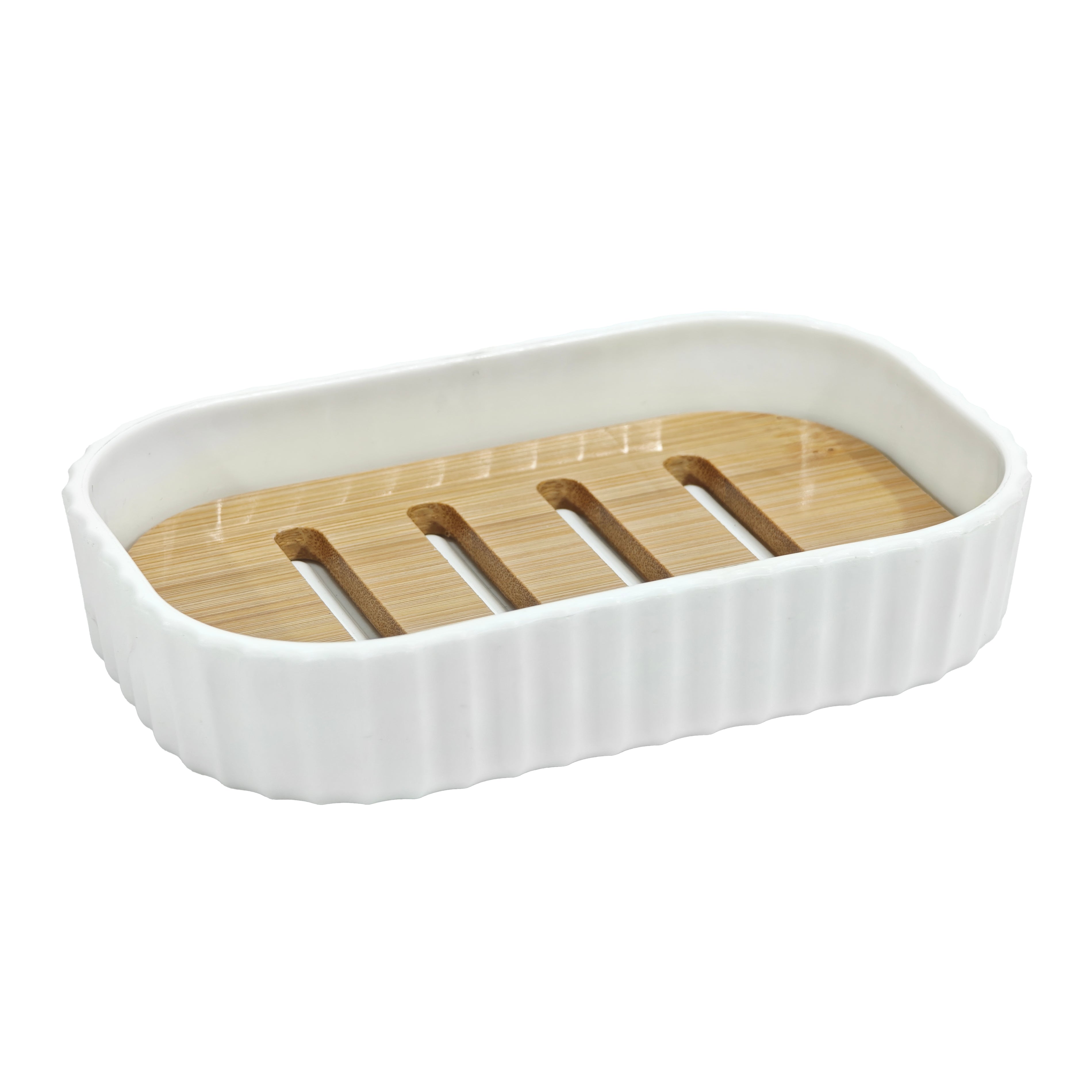 VESTIAMO CASA - Porta saponetta in Polipropilene Bianco Rigato e Bamboo 12,5x7,5 cm