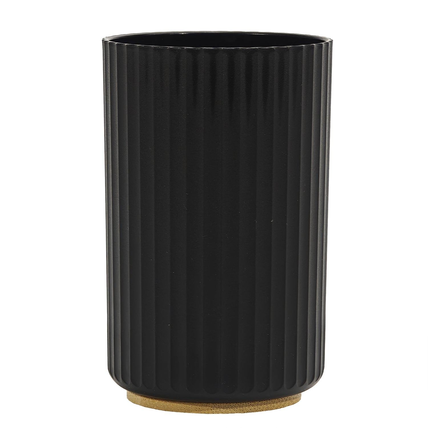 VESTIAMO CASA - Bicchiere Porta Spazzolini in Polipropilene Nero Rigato e Bamboo - h11,5 cm diametro 7 cm