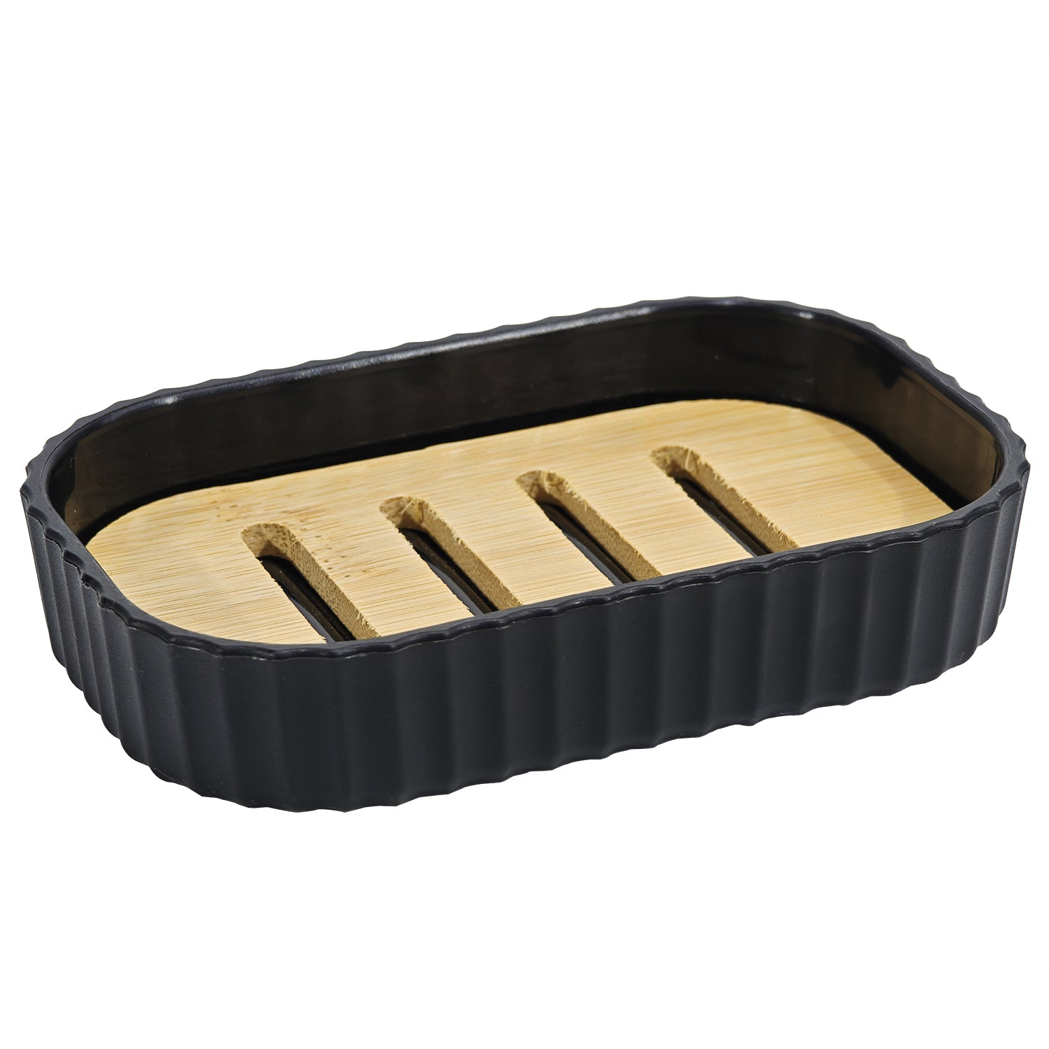 VESTIAMO CASA - Porta saponetta in Polipropilene Nero Rigato e Bamboo 12,5x7,5 cm