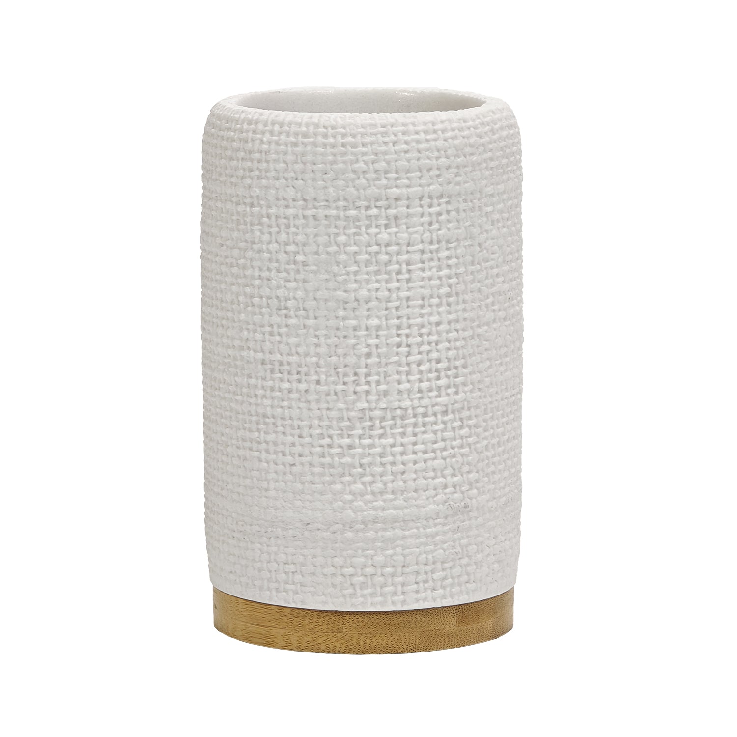 VESTIAMO CASA - Bicchiere Porta Spazzolini in Poliresina Bianco e Bamboo - h12,5 cm x diametro 7,3 cm