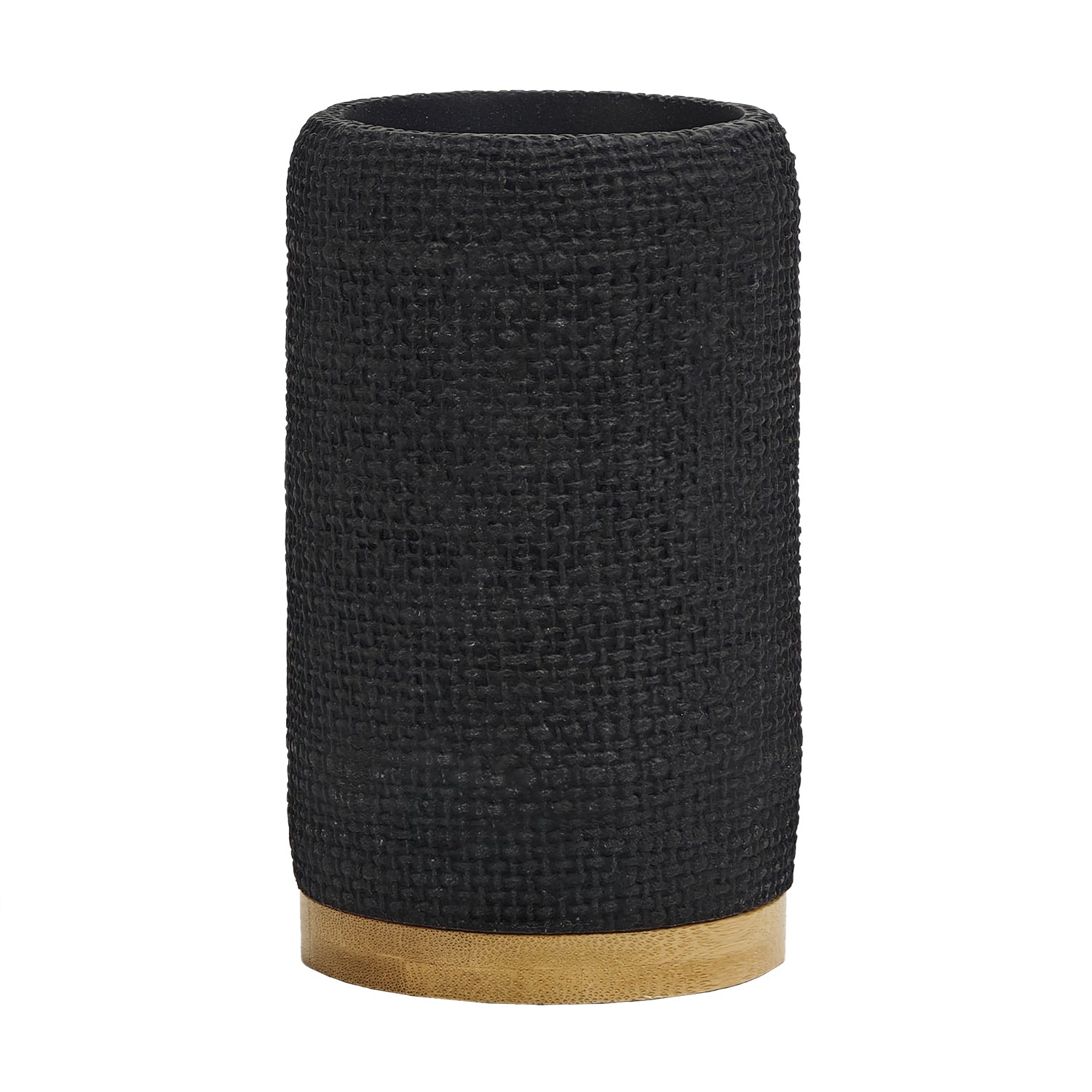 VESTIAMO CASA - Bicchiere Porta Spazzolini in Poliresina Nero e Bamboo - h12,5 cm x diametro 7,3 cm