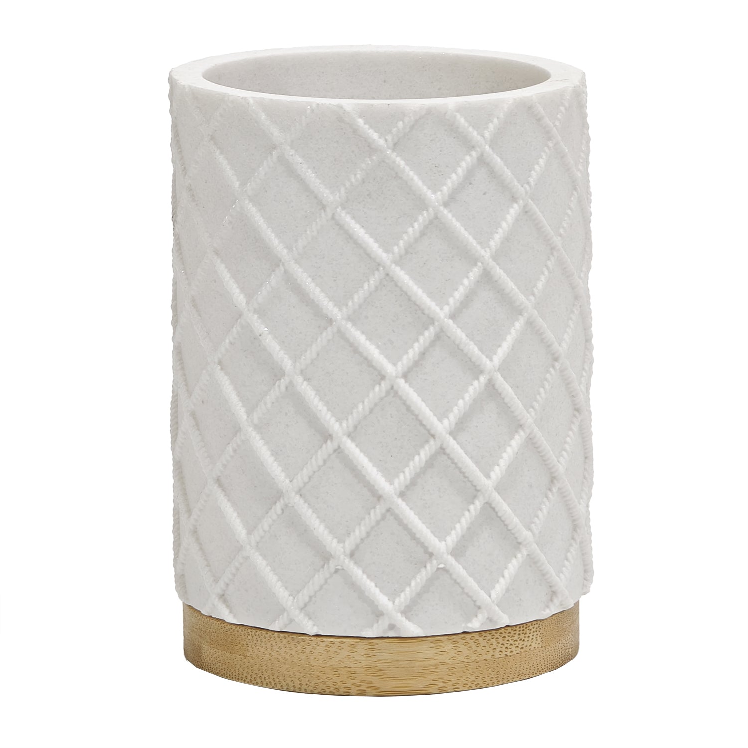 VESTIAMO CASA - Bicchiere Porta Spazzolini in Poliresina Bianco e Bamboo - h10 cm x diametro 7,5 cm