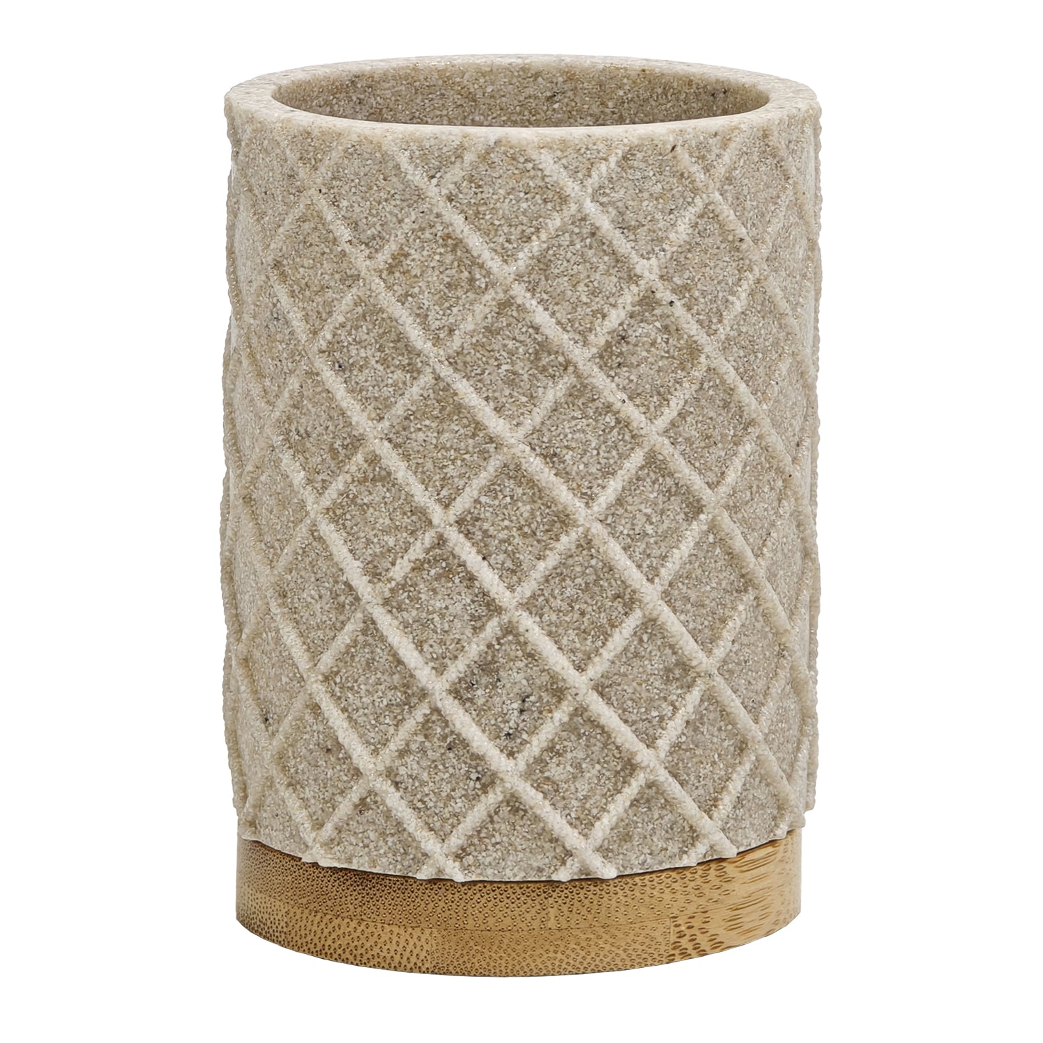 VESTIAMO CASA - Bicchiere Porta Spazzolini in Poliresina Beige e Bamboo - h10 cm x diametro 7,5 cm