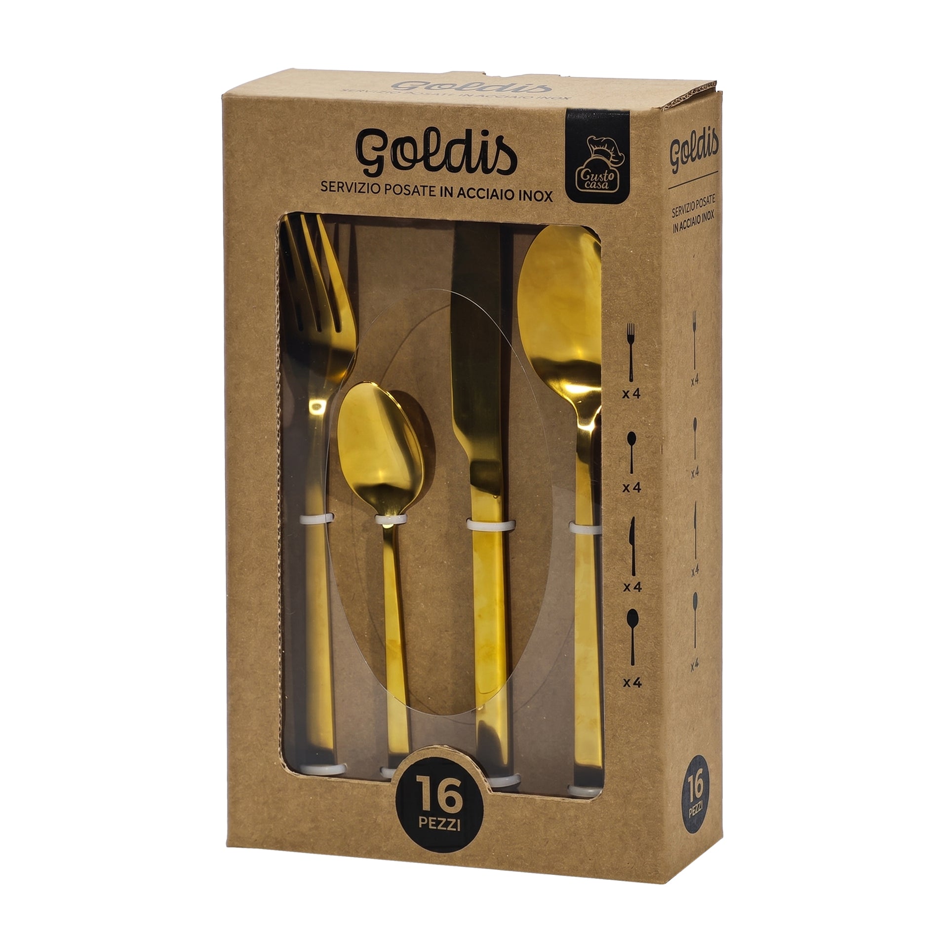 GUSTO CASA - Servizio Posate Goldis in acciaio inox Oro 16 pezzi